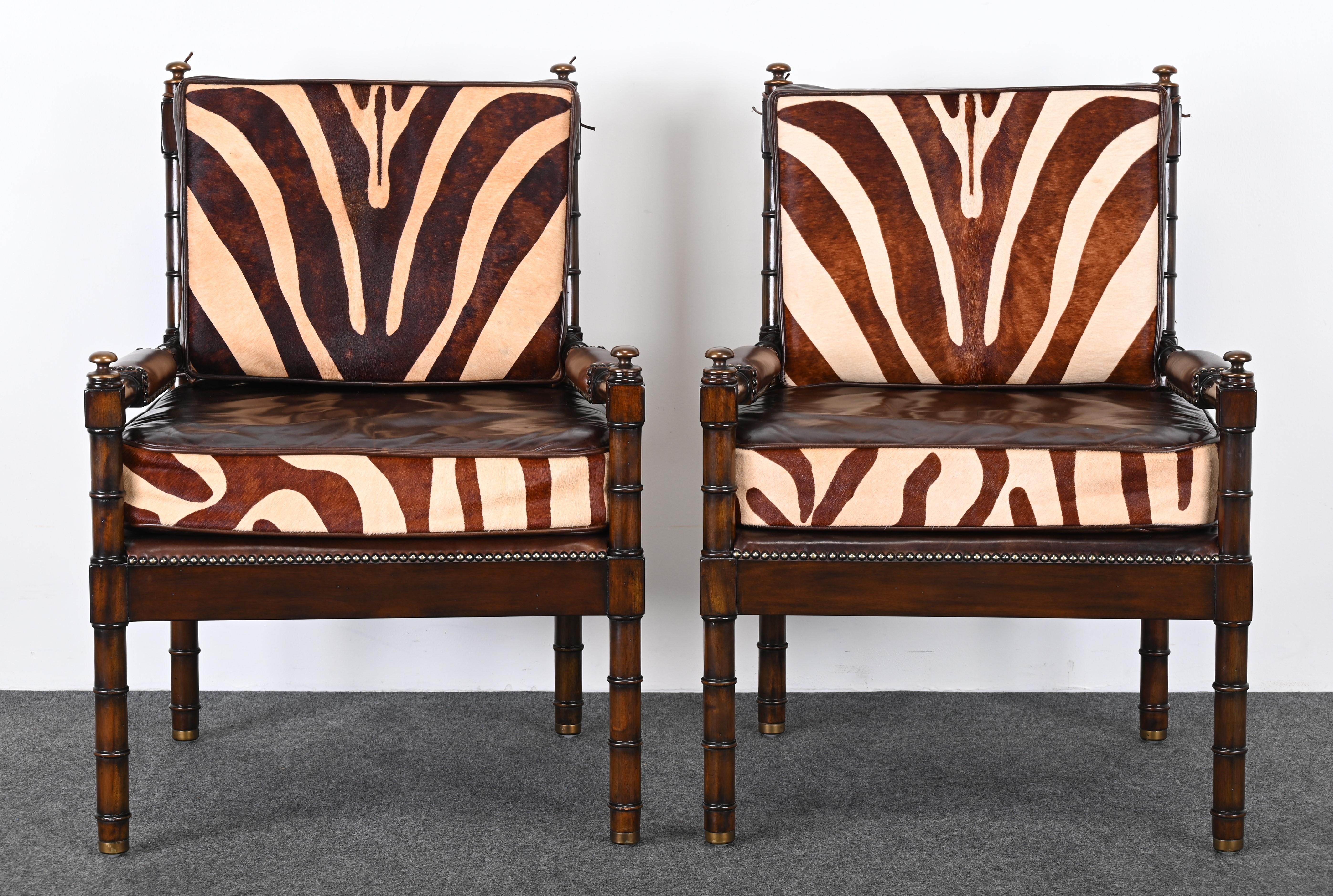 Maitland Smith Bamboo Armchairs with Cowhide Zebra Print Leather Seats, 1990s For Sale 1