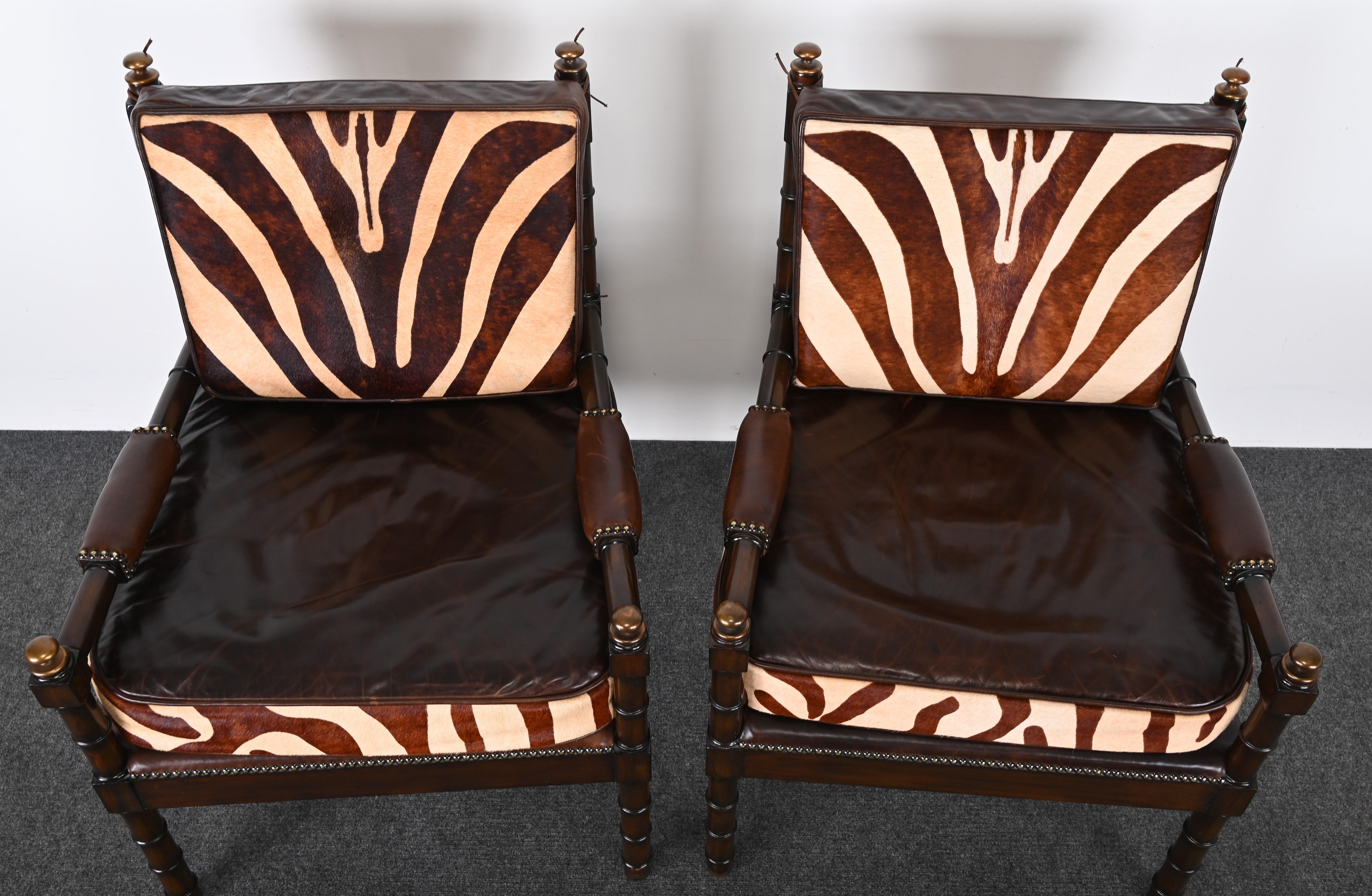 Maitland Smith Bamboo Armchairs with Cowhide Zebra Print Leather Seats, 1990s For Sale 2