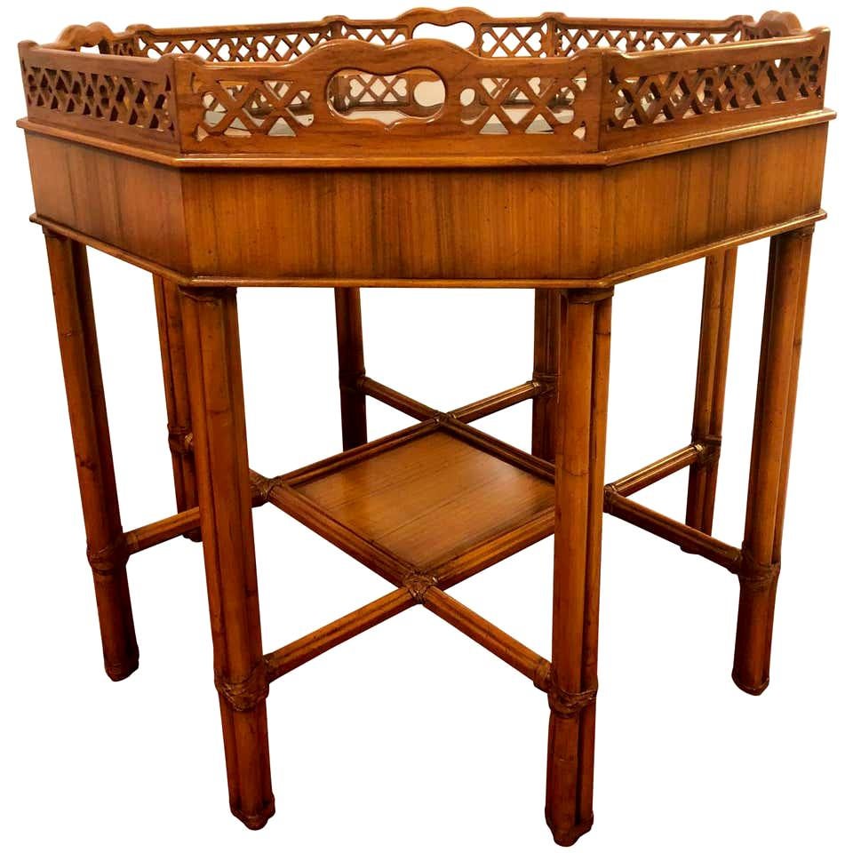 Maitland Smith Style Bamboo Form Octagonal End or Side Table with Bevelled Glass