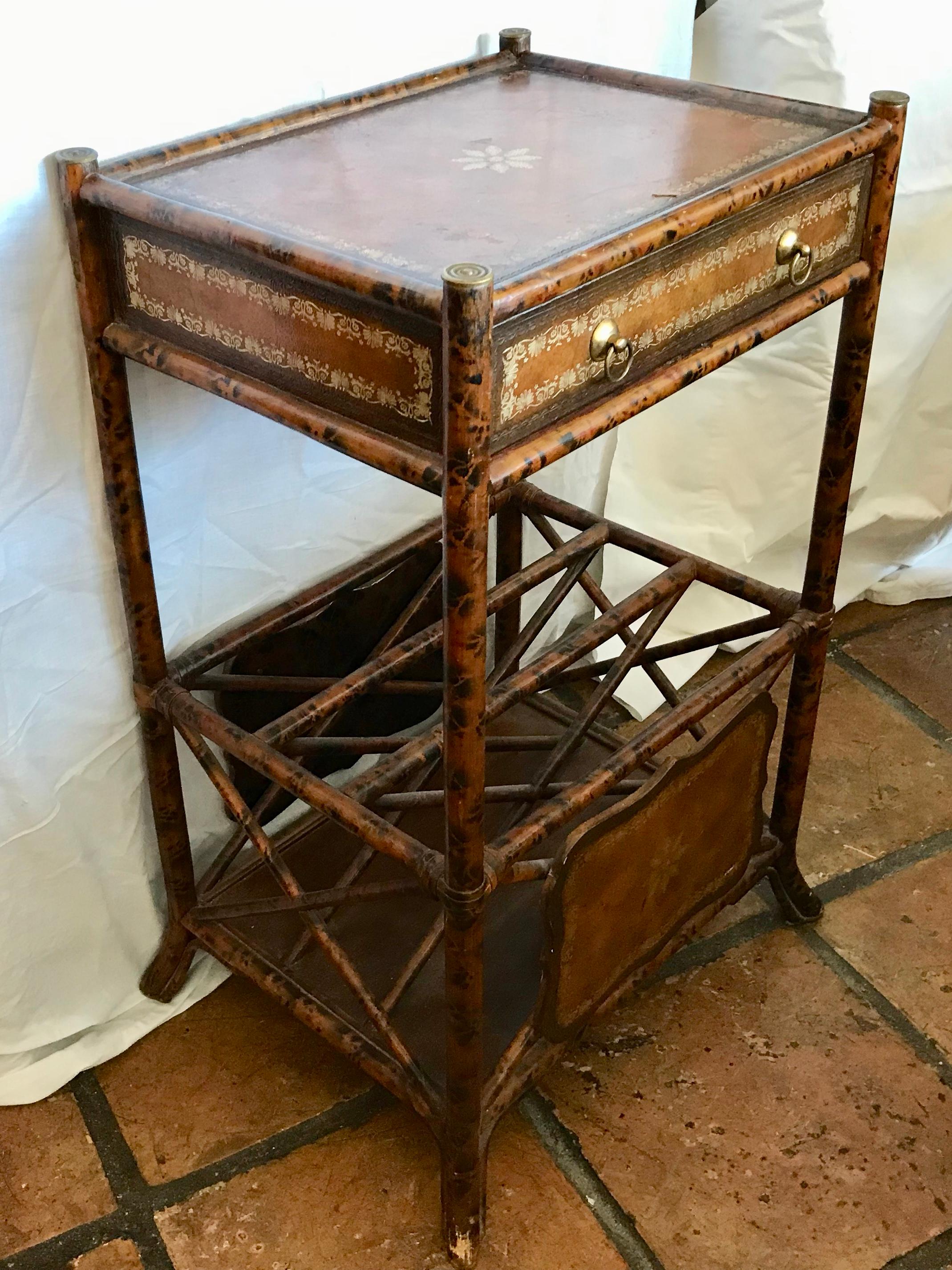 Fashioned with a single drawer and a magazine stand base. It is finished
on all four sides, so it can stand freely in a room as a chair side table. or, 
conversely, be used as a utilitarian night stand. It is smartly finished with
a leather top