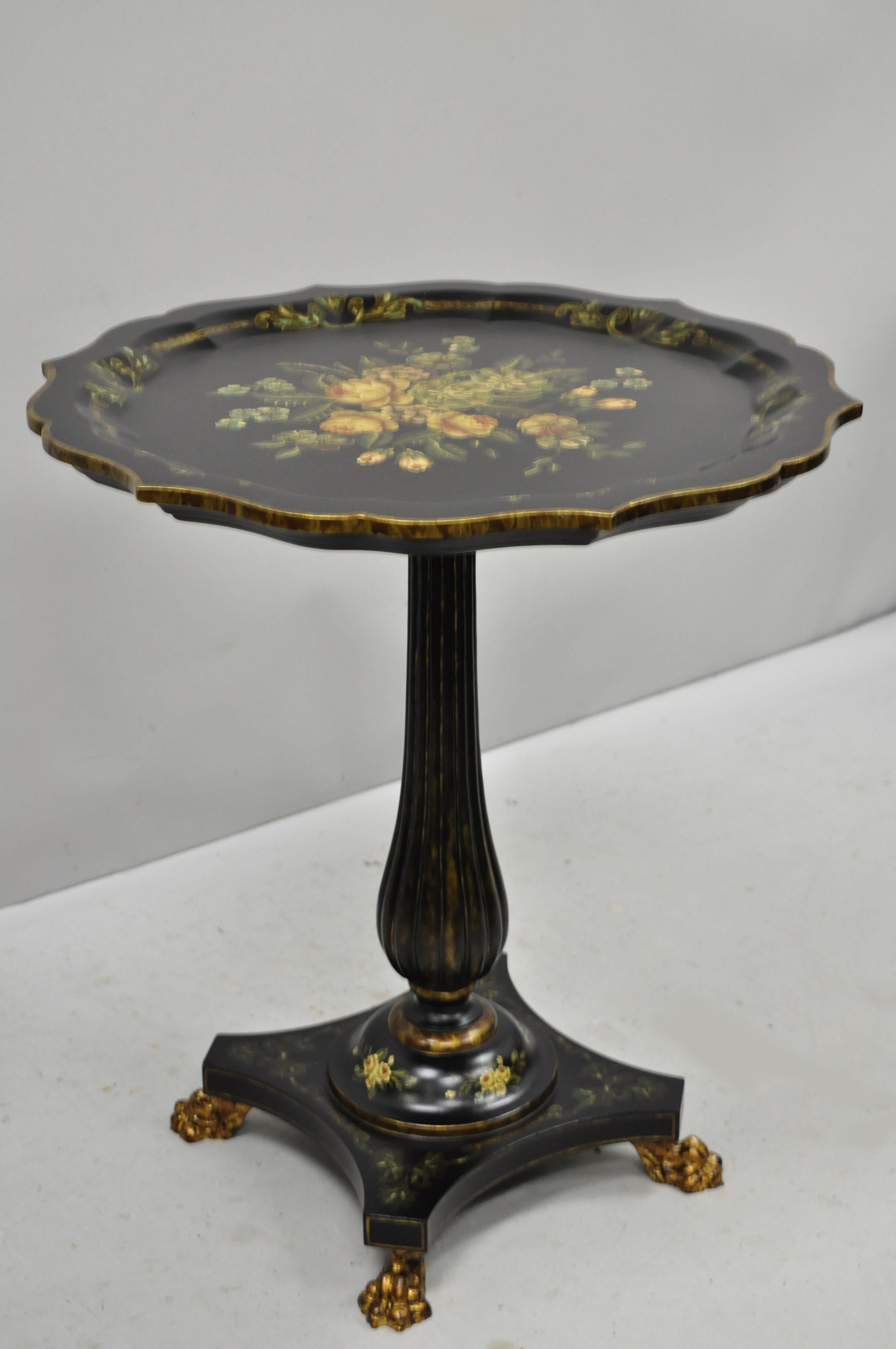 Maitland Smith Black French Victorian Floral Painted Pedestal Accent Side Table. Item features hand painted floral accents, metal paw feet, scallop edge top, black and gold finish, original label, great style and form. Circa Late 20th to Early 21st
