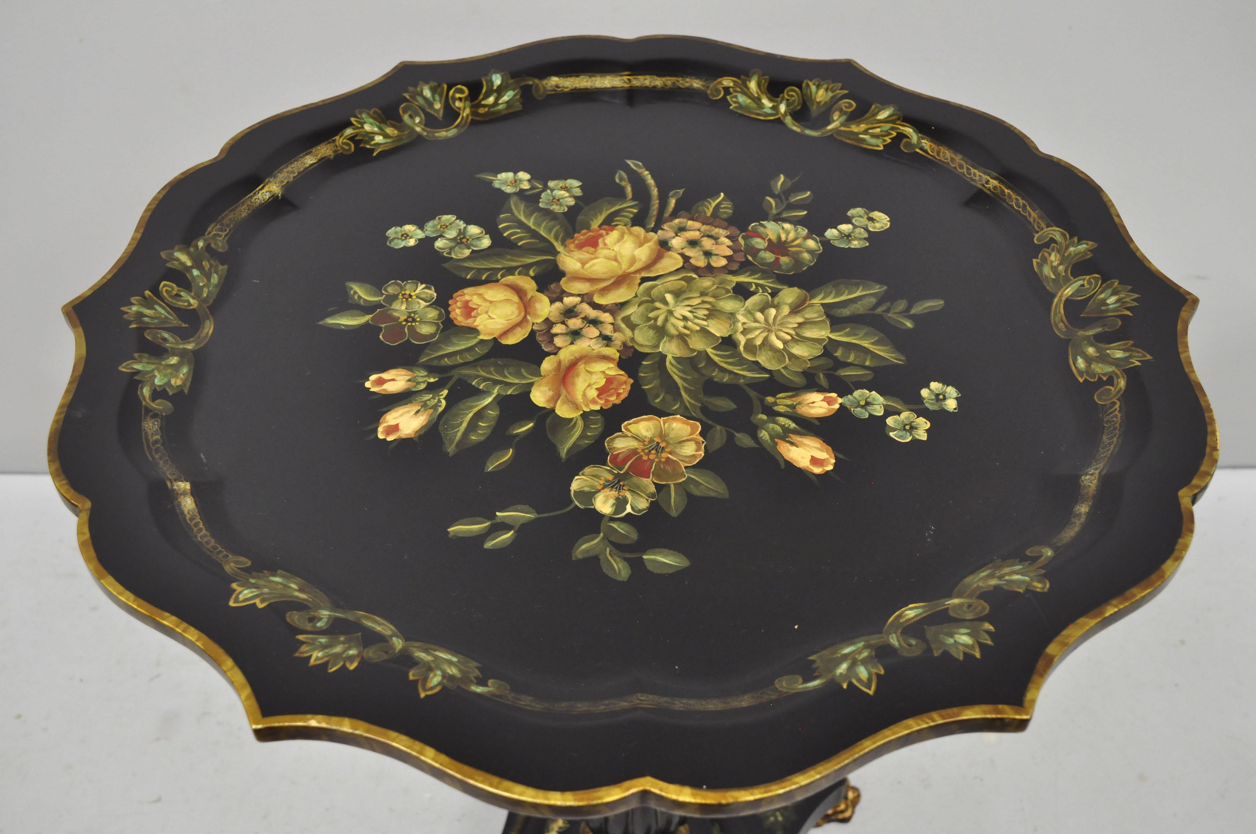 Chinese Maitland Smith Black French Victorian Floral Painted Pedestal Accent Side Table