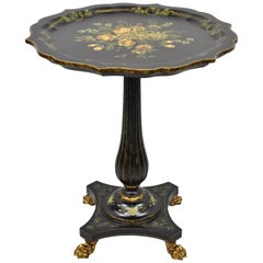 Maitland Smith Black French Victorian Floral Painted Pedestal Accent Side Table