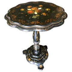 Antique Maitland Smith Black French Victorian Floral Painted Pedestal Accent Side Table