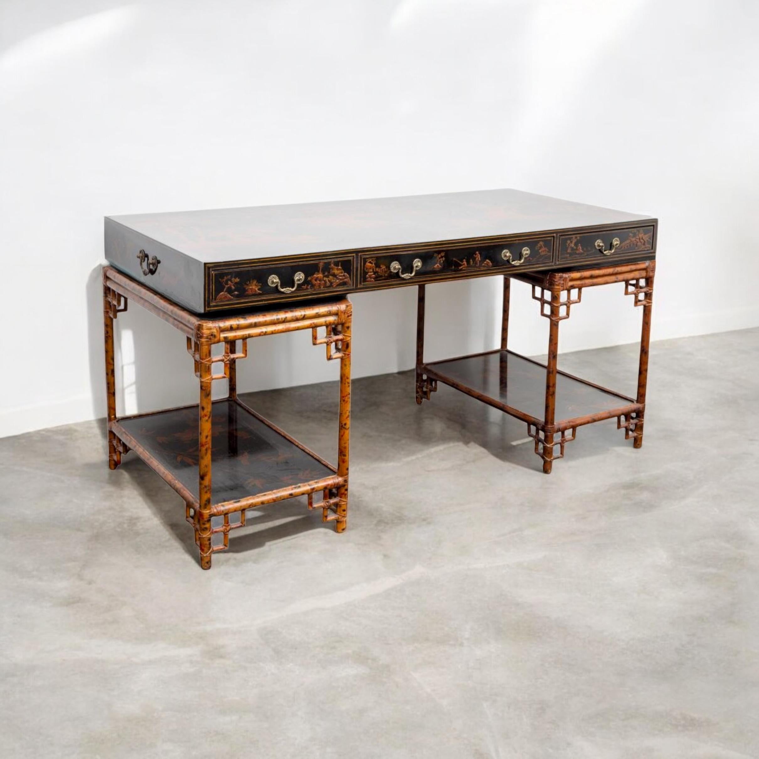 Aesthetic Movement Maitland Smith Black Lacquer Chinese Chippendale Style Burnt Bamboo Desk