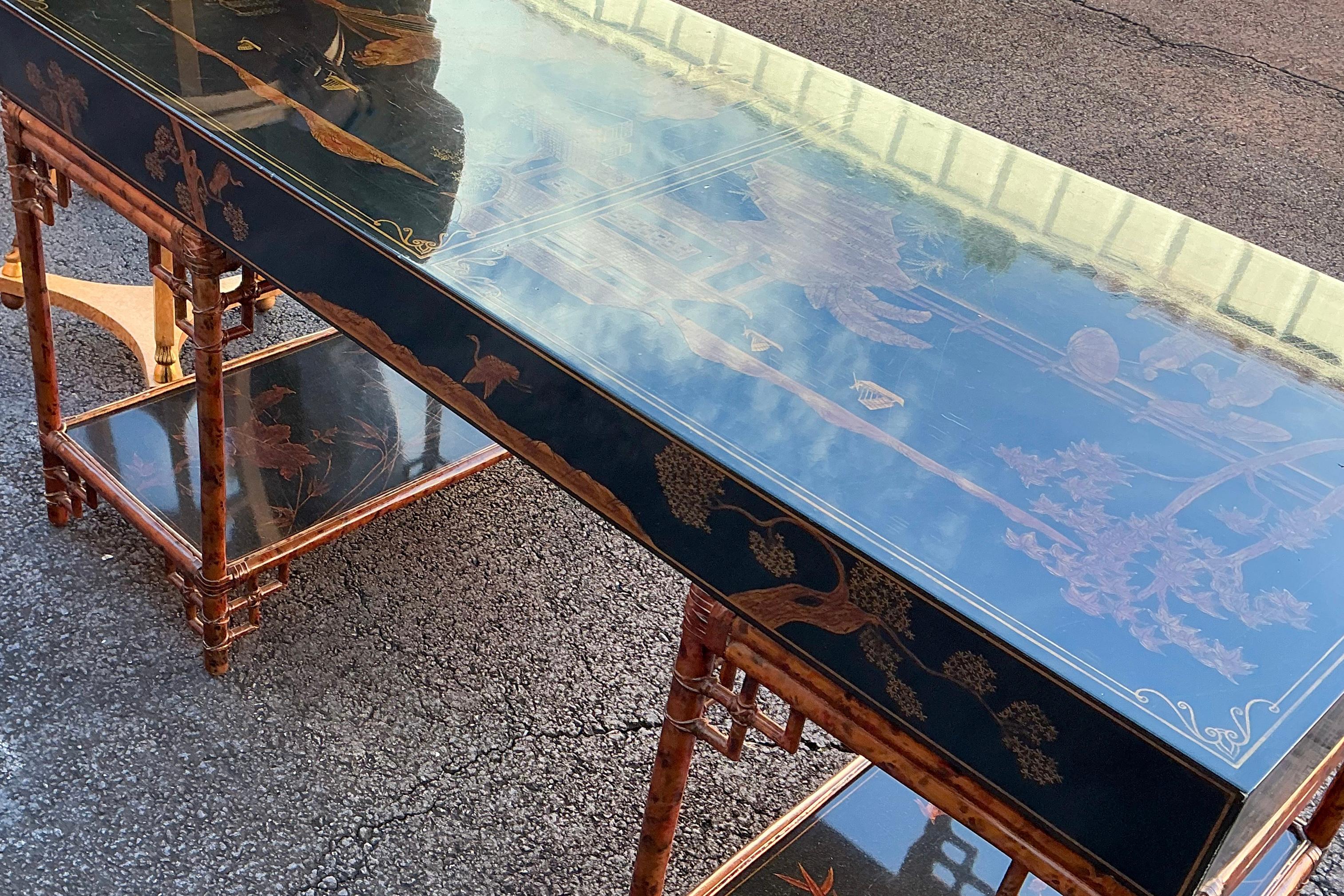 Philippine Maitland Smith Black Lacquer Chinese Chippendale Style Burnt Bamboo Desk