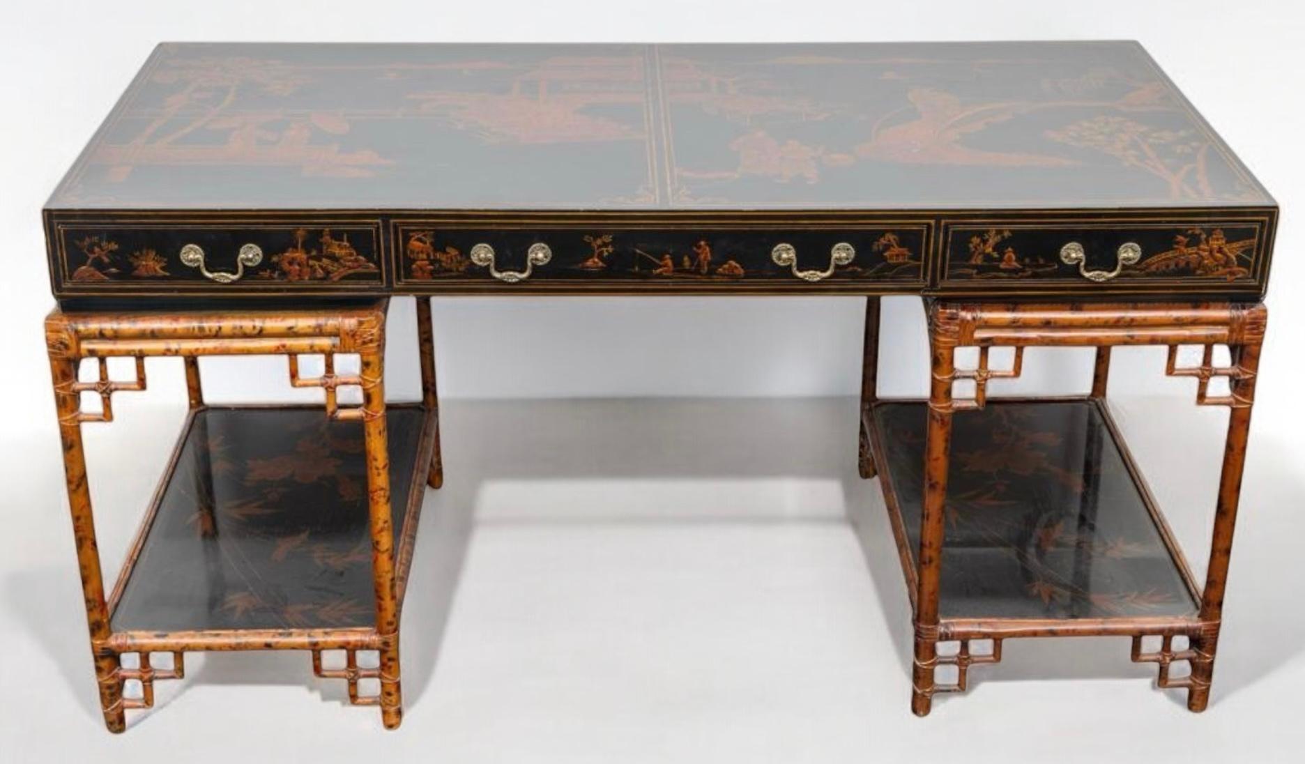 20th Century Maitland Smith Black Lacquer Chinese Chippendale Style Burnt Bamboo Desk