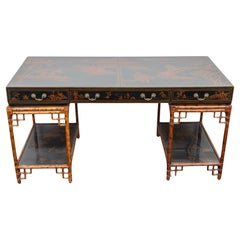 Maitland Smith Black Lacquer Chinese Chippendale Style Burnt Bamboo Desk