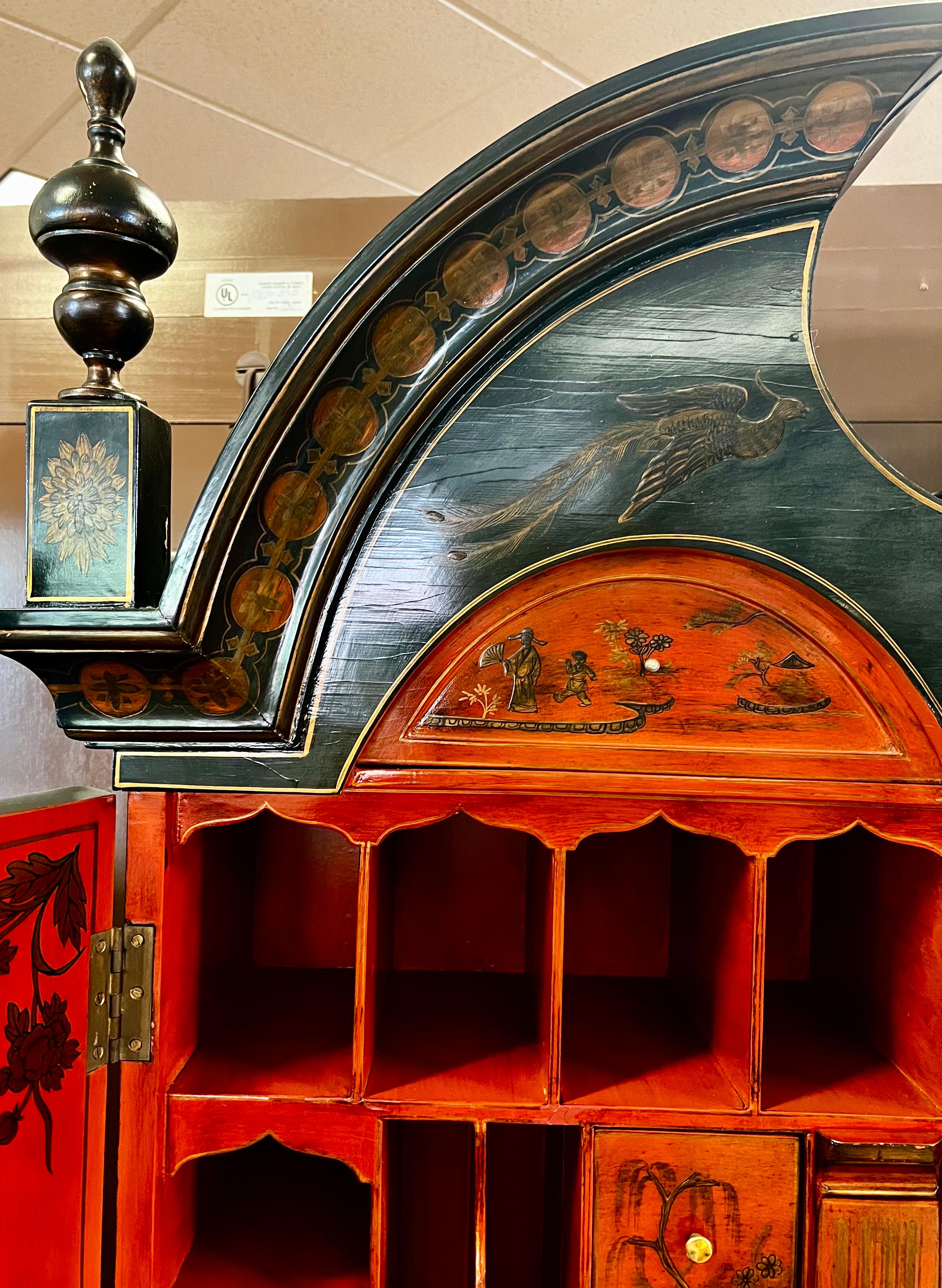 Maitland Smith Black Lacquer & Hermes Orange Interior Chinoiserie Secretary Desk 5