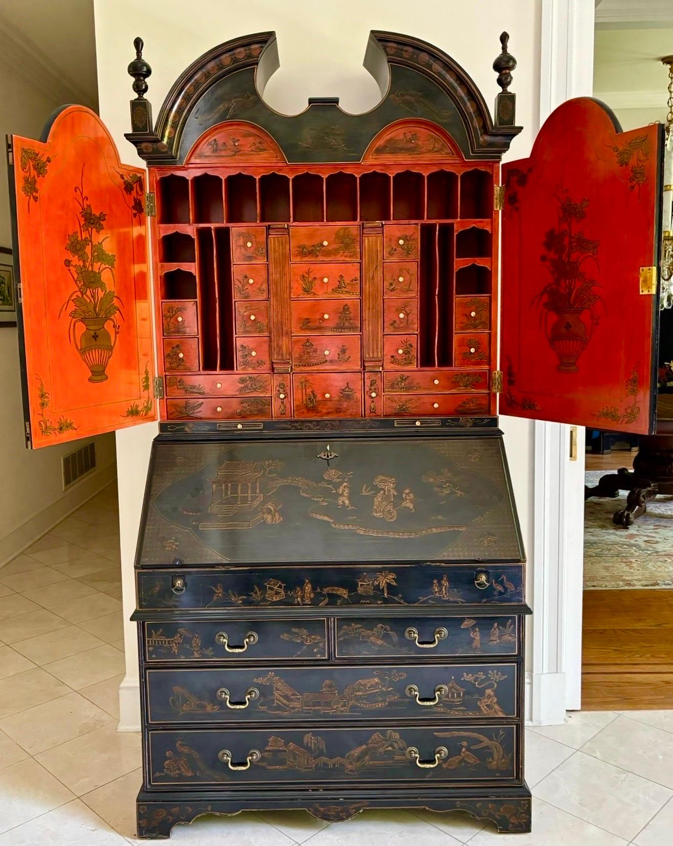 Lacquered Maitland Smith Black Lacquer & Hermes Orange Interior Chinoiserie Secretary Desk