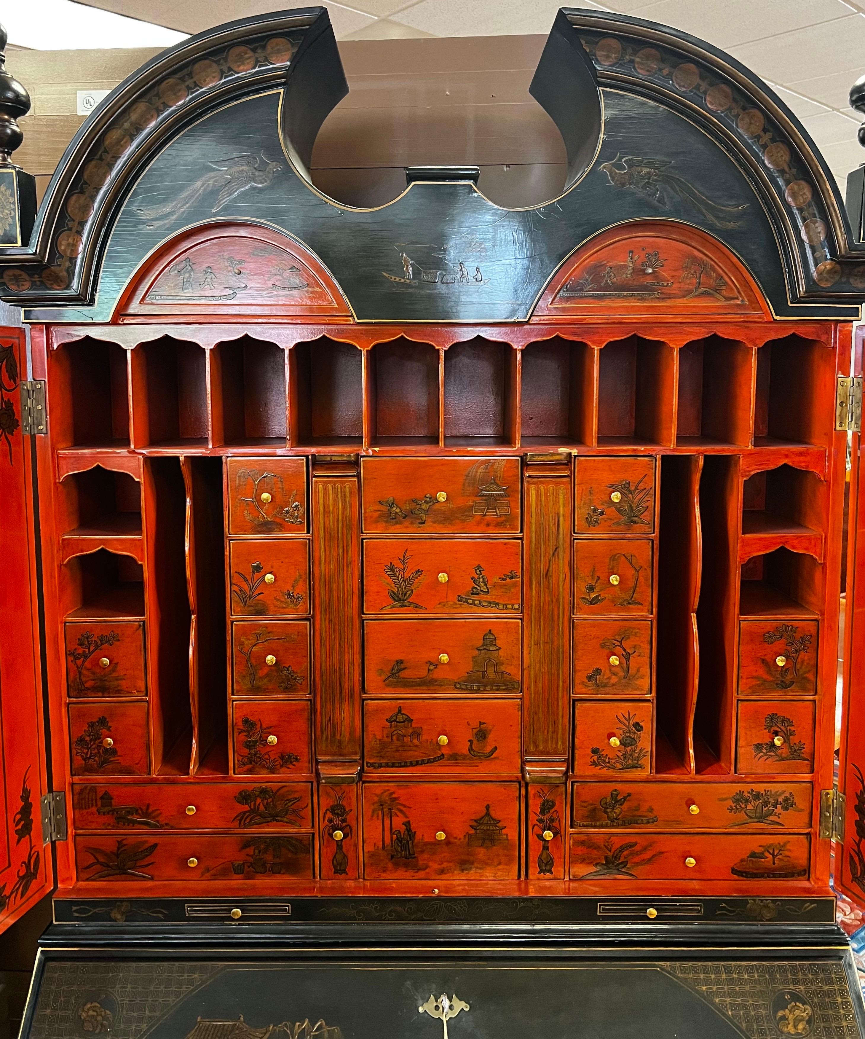 Maitland Smith Black Lacquer & Hermes Orange Interior Chinoiserie Secretary Desk In Good Condition In West Hartford, CT