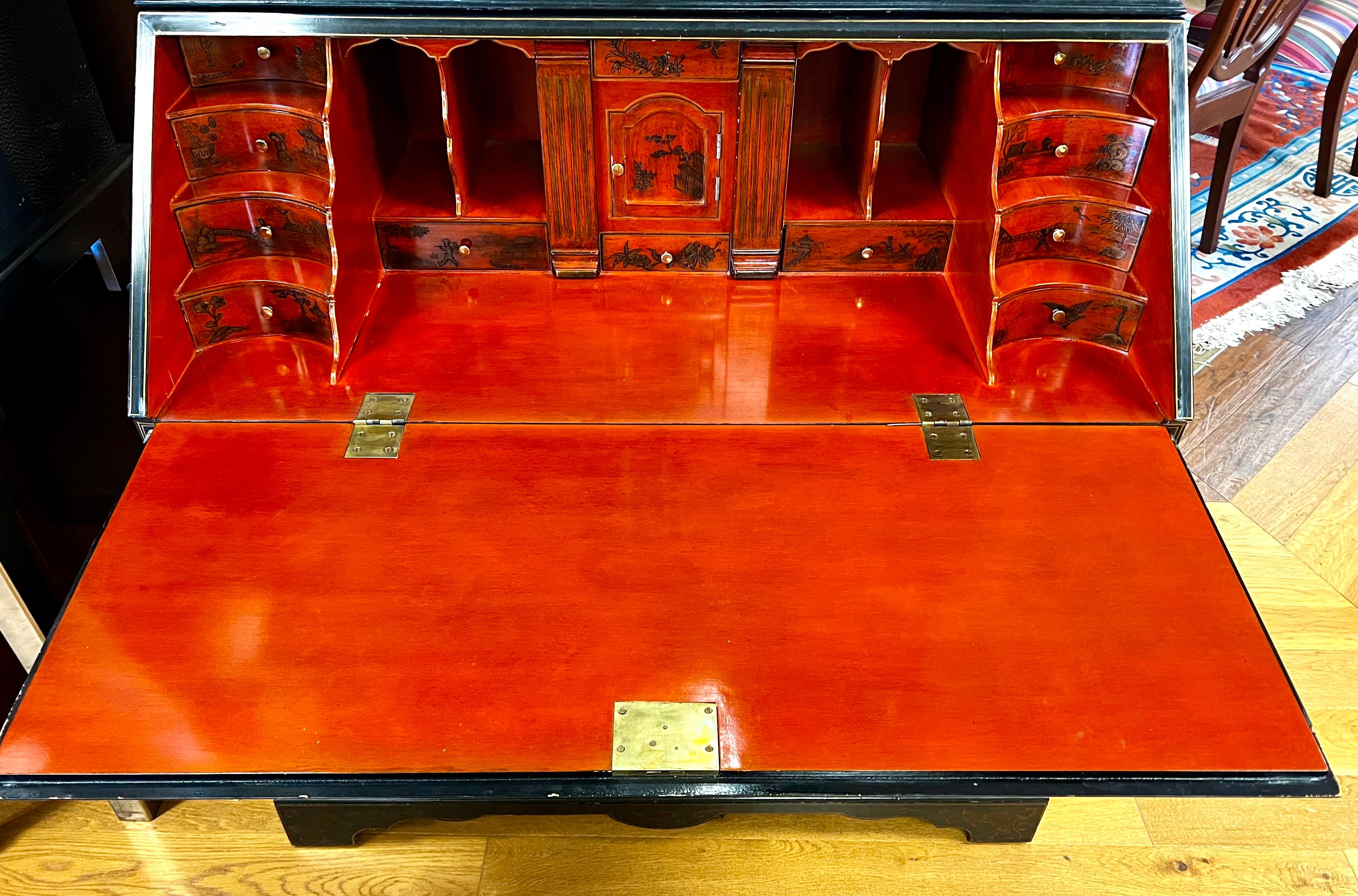 Late 20th Century Maitland Smith Black Lacquer & Hermes Orange Interior Chinoiserie Secretary Desk