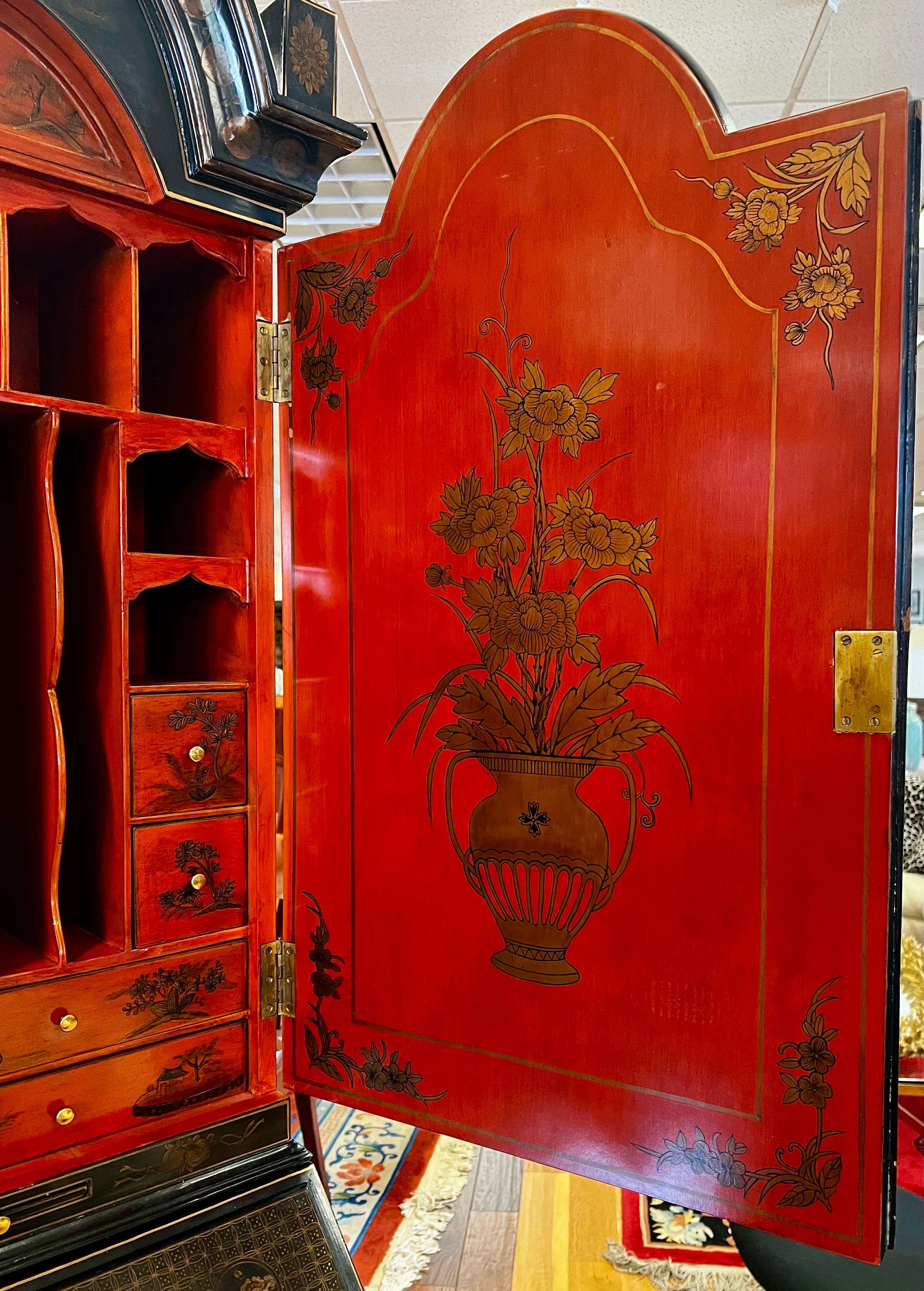 Wood Maitland Smith Black Lacquer & Hermes Orange Interior Chinoiserie Secretary Desk