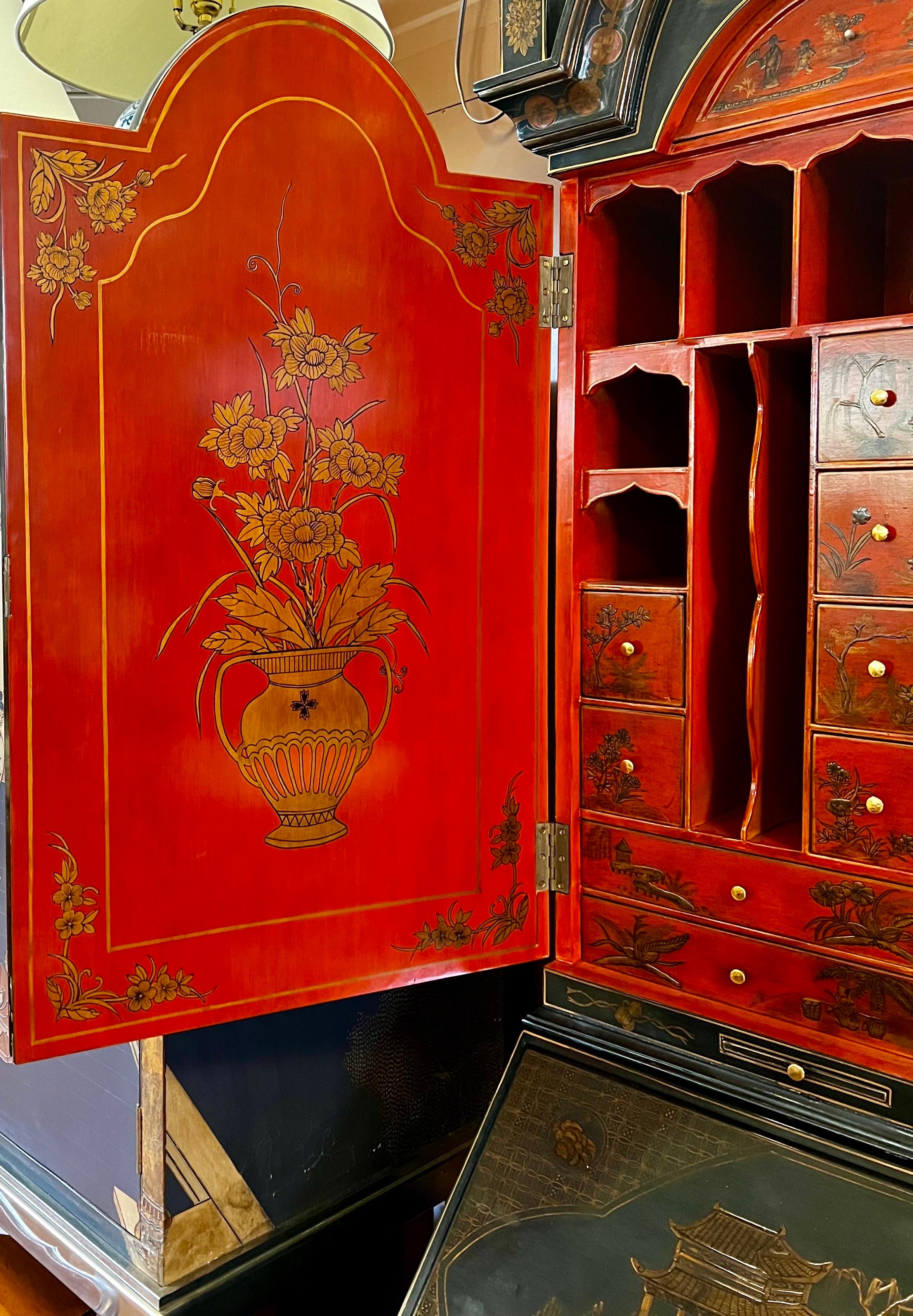 Maitland Smith Black Lacquer & Hermes Orange Interior Chinoiserie Secretary Desk 1