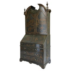 Maitland Smith Black Lacquer & Hermes Orange Interior Chinoiserie Secretary Desk