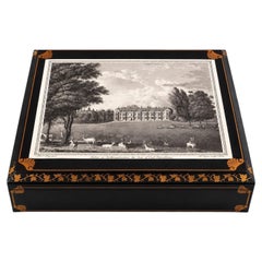 Maitland-Smith Black Leather Decorative Box with Gilt Decoration & Engraved Top