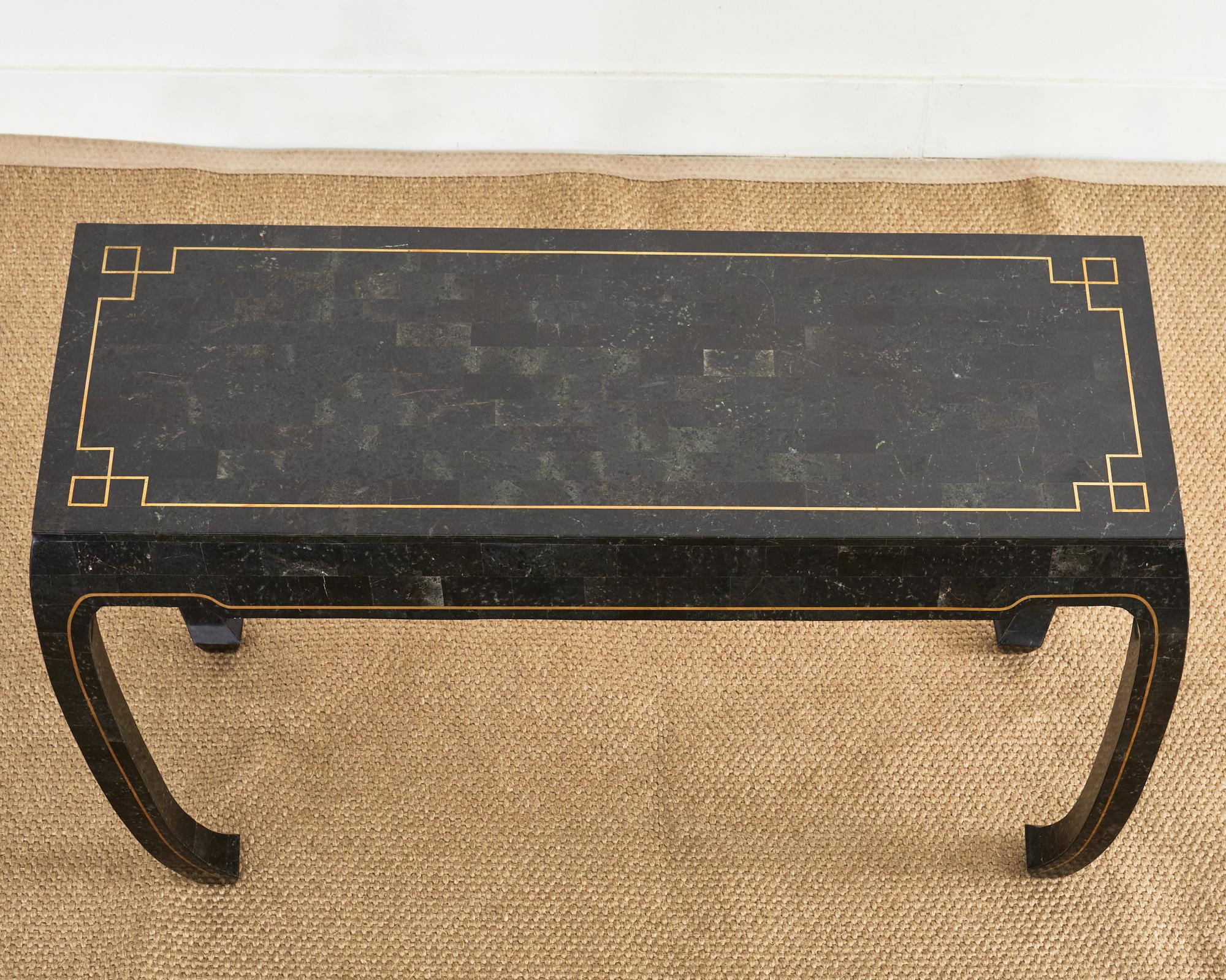 Philippine Maitland Smith Black Tesselated Stone Brass Console Table For Sale
