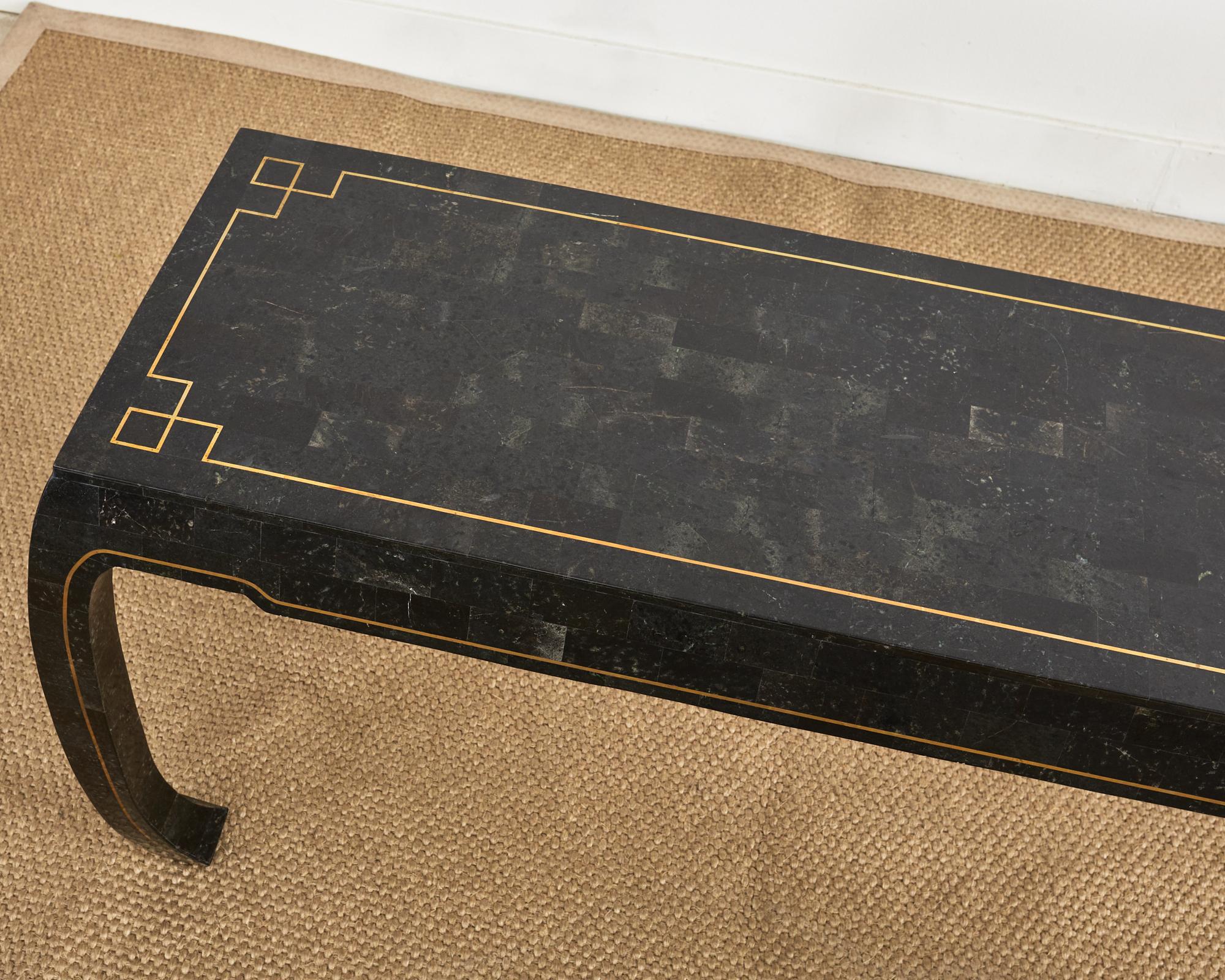 Ebonized Maitland Smith Black Tesselated Stone Brass Console Table For Sale