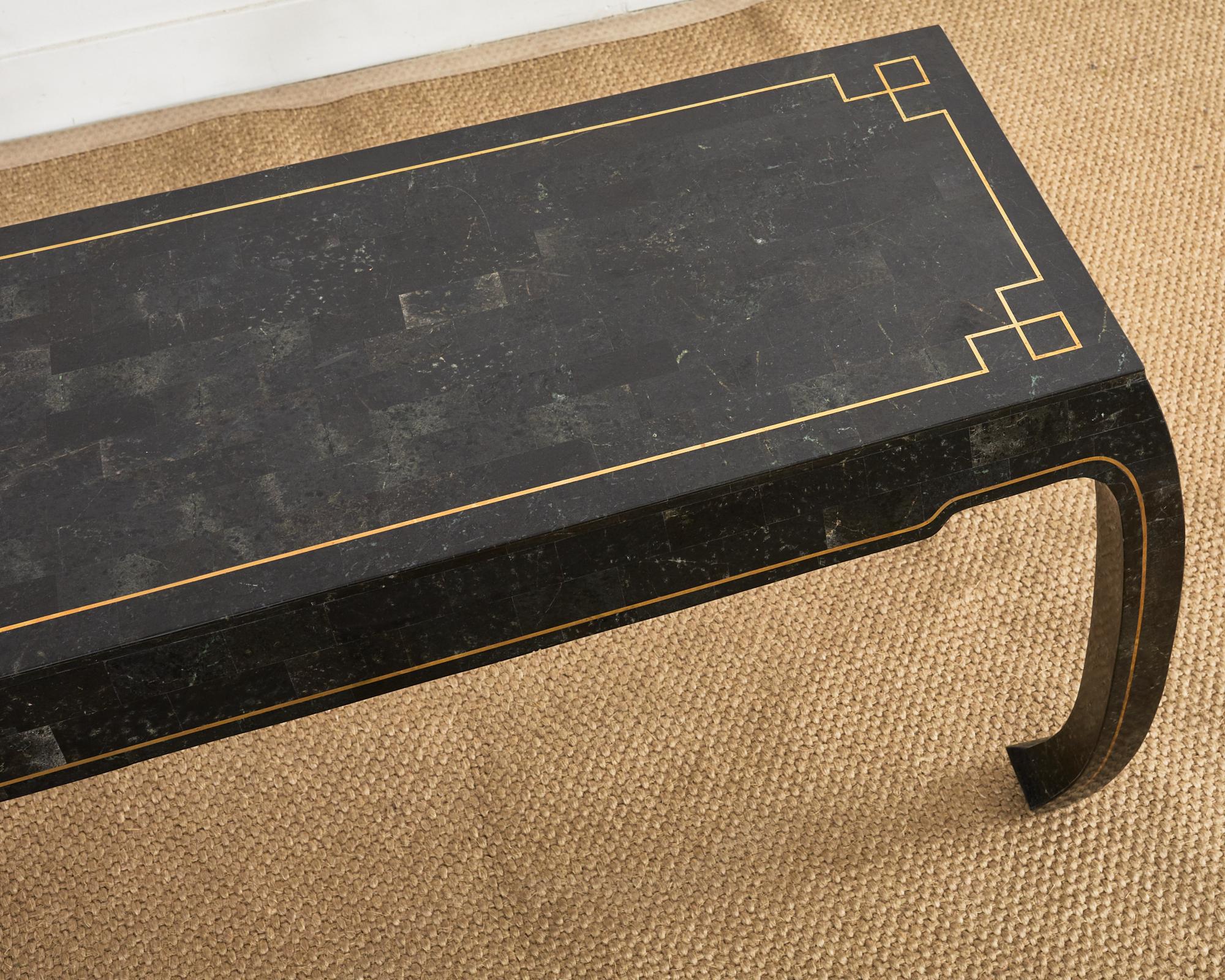 Maitland Smith Black Tesselated Stone Brass Console Table In Good Condition For Sale In Rio Vista, CA