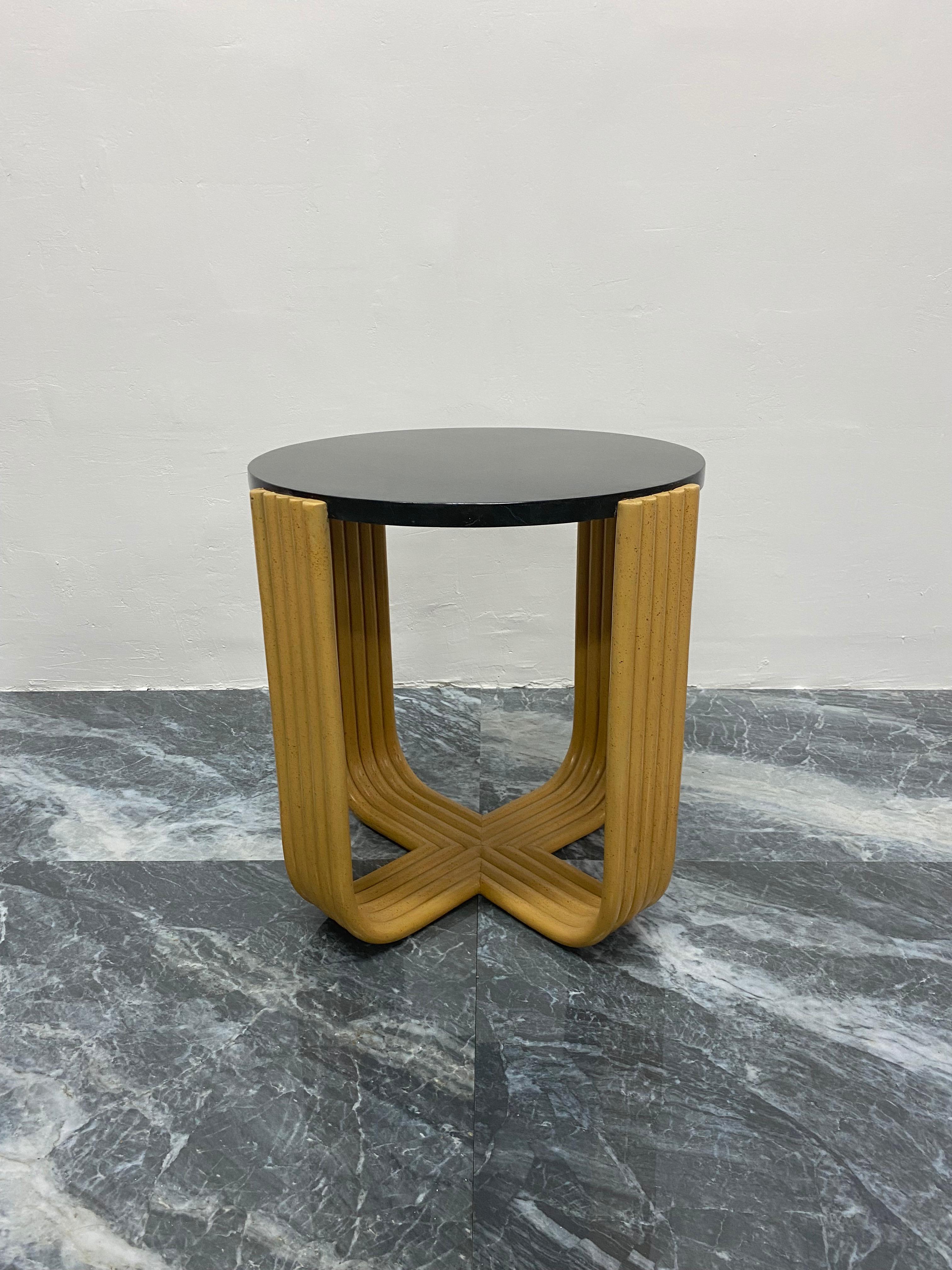 Asian Maitland Smith Black Tessellated Stone and Bent Faux Bamboo Side Table, 1980s