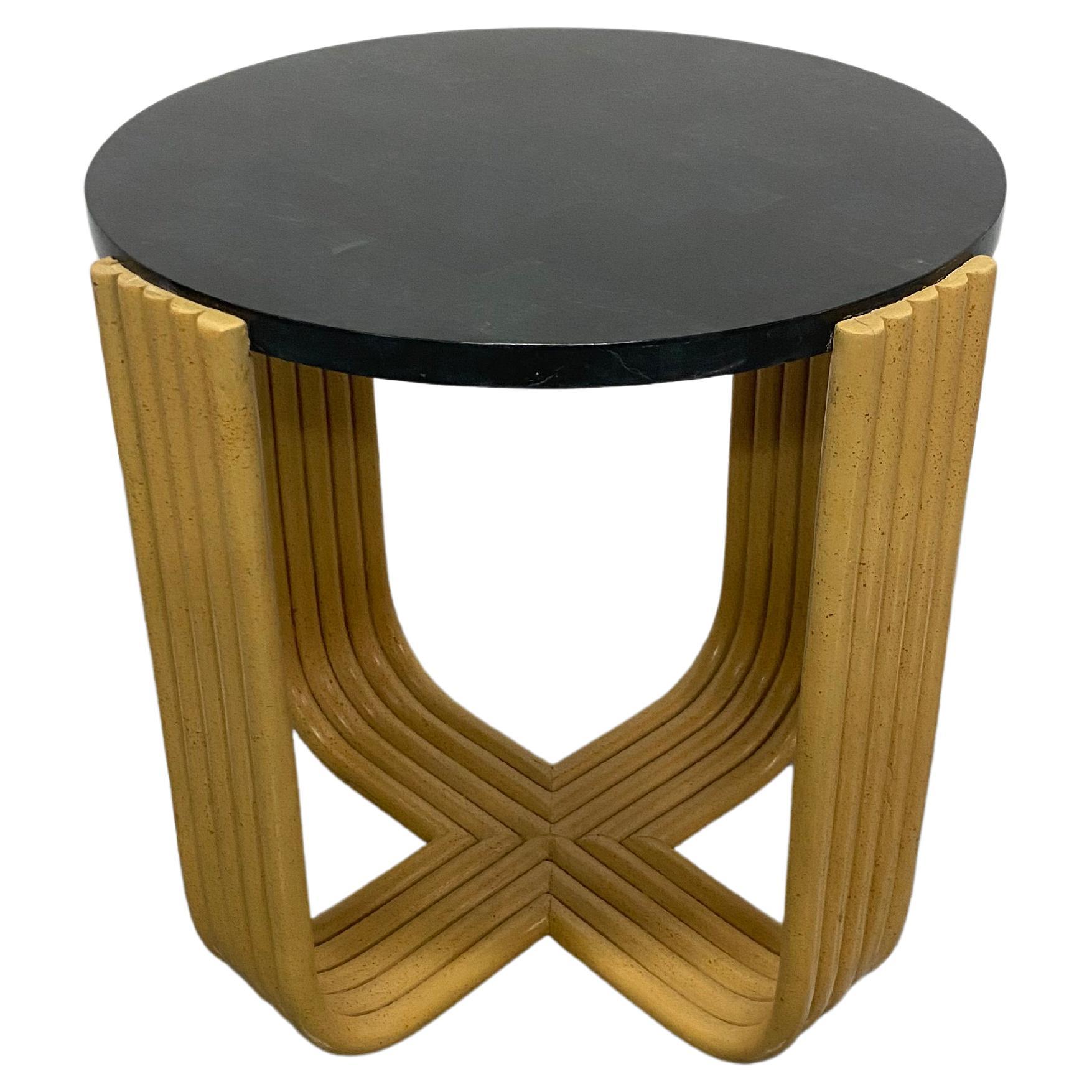Maitland Smith Black Tessellated Stone and Bent Faux Bamboo Side Table, 1980s