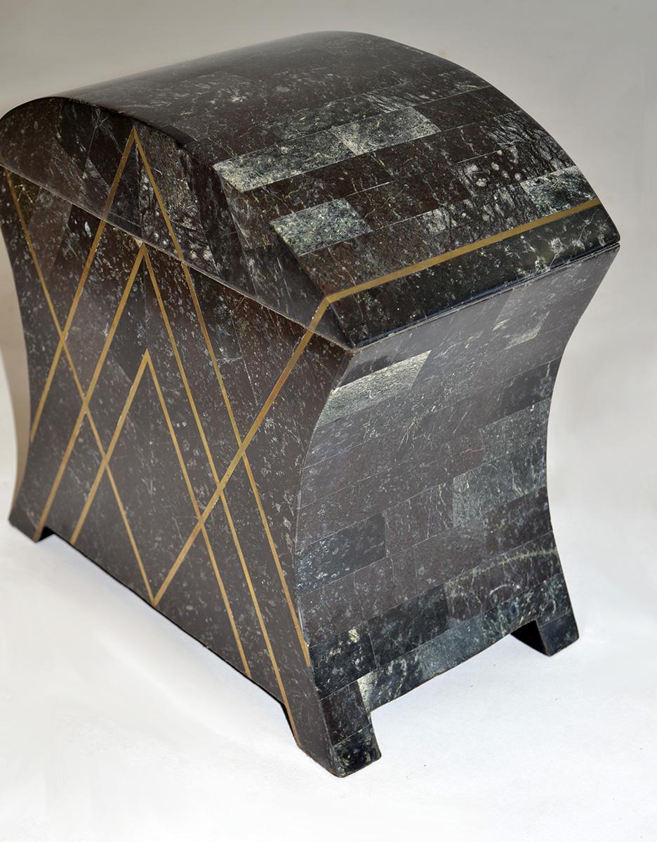 Modern Maitland Smith Black Tessellated Stone Hinged Jewelry Box with Brass Inlays