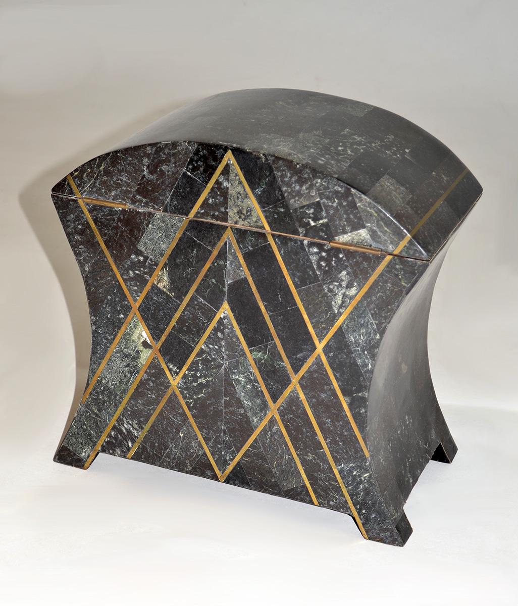 American Maitland Smith Black Tessellated Stone Hinged Jewelry Box with Brass Inlays