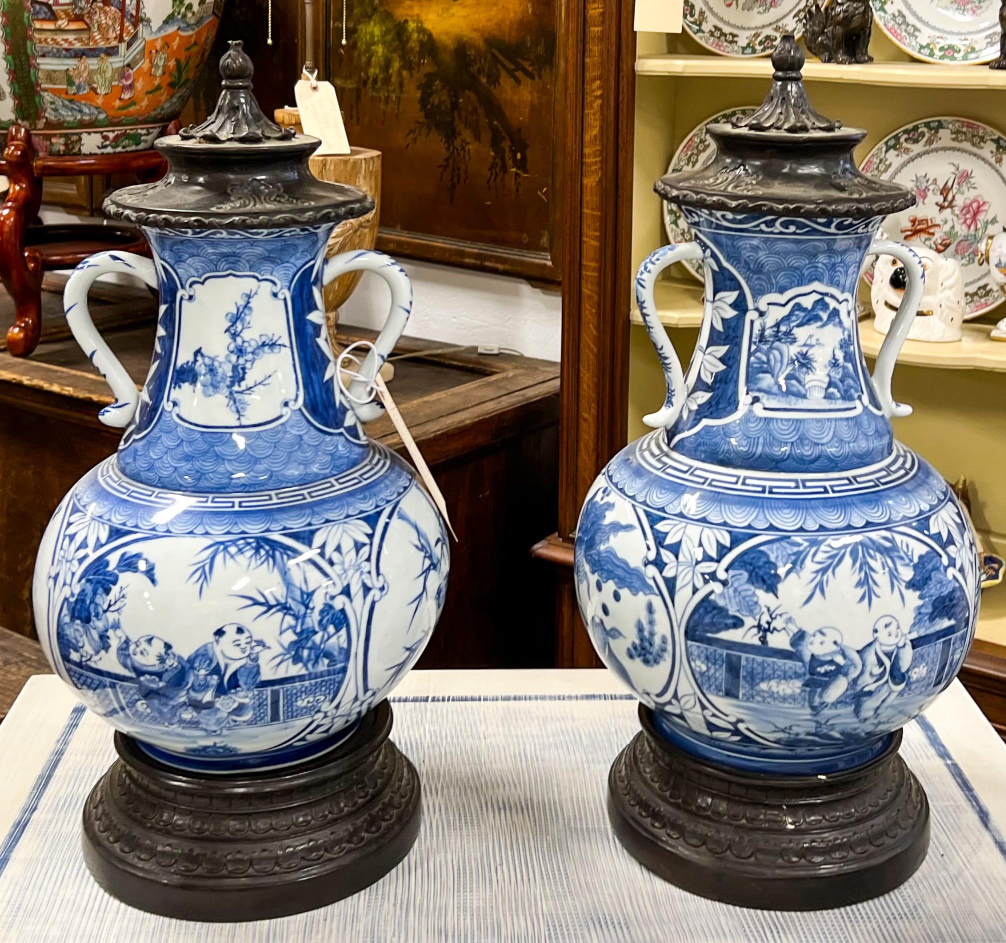 Chinese Export Maitland-Smith Blue & White Chinoiserie Ginger Jars with Bronze Accents, Pair For Sale