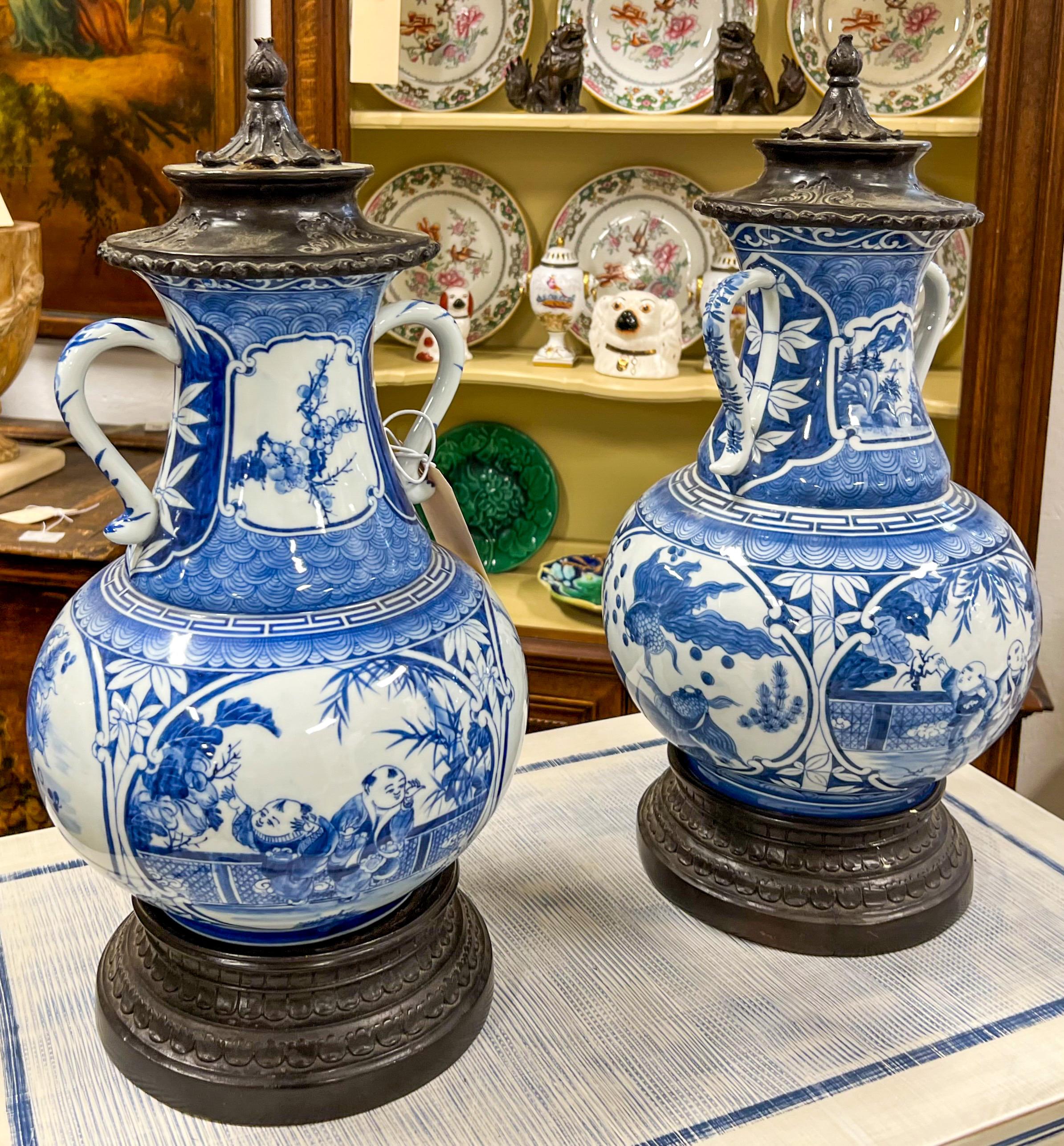 Unknown Maitland-Smith Blue & White Chinoiserie Ginger Jars with Bronze Accents, Pair For Sale