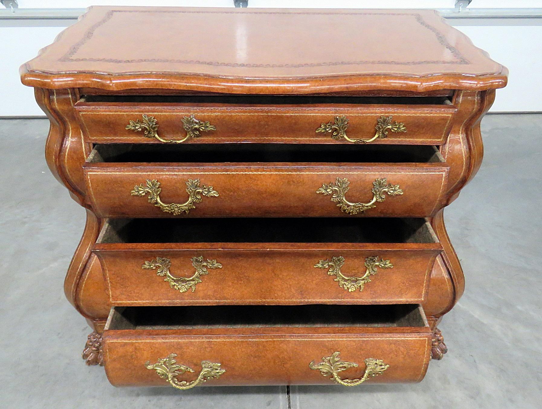 Regency Maitland Smith Dutch Rococo Style Leather Wrapped Bombe Commode Chest