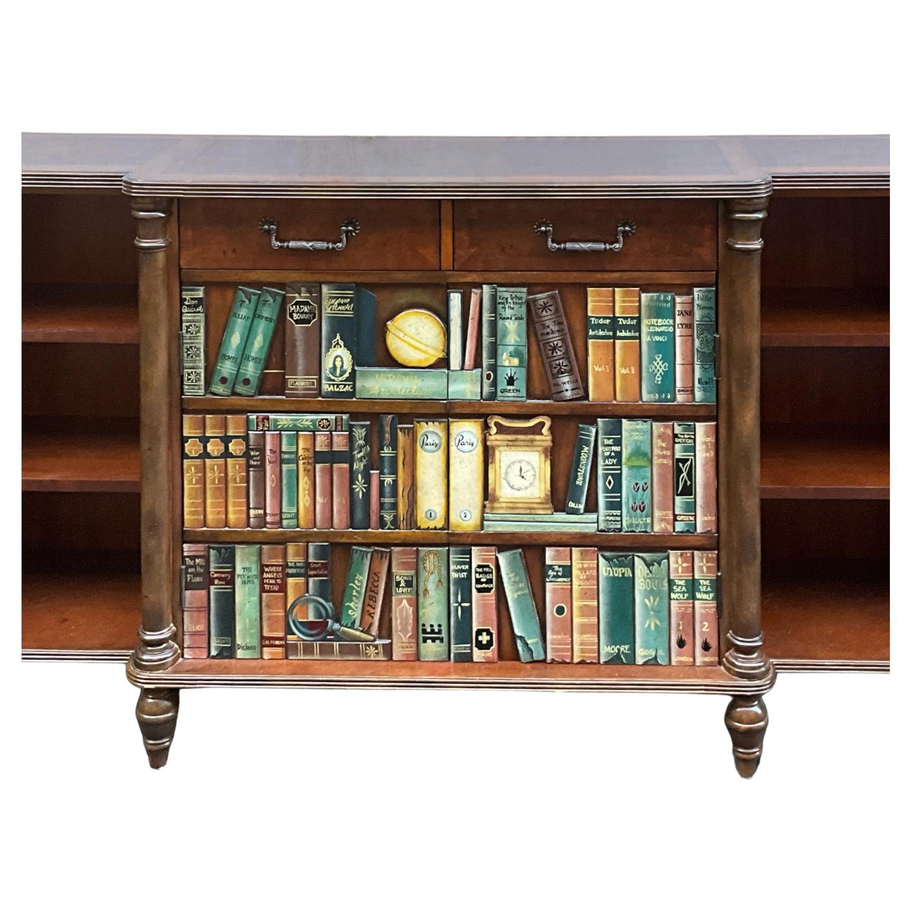 This is a striking Maitland-Smith trompe-l’oeil Edwardian style book form cabinet with leather top. The faux book front opens to additional storage. It is in very good condition and is marked. 

My shipping is for the Continental US only and can run