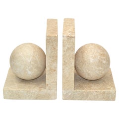 Maitland Smith Bookends Beige Marble Hand Carved Space Age Sphere Rectangle Base