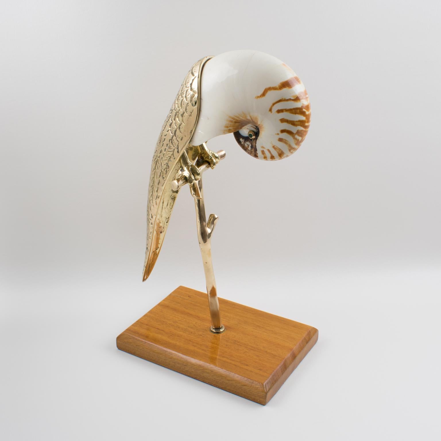 Modern Maitland-Smith Brass and Sea Shell Parrot Bird Sculpture