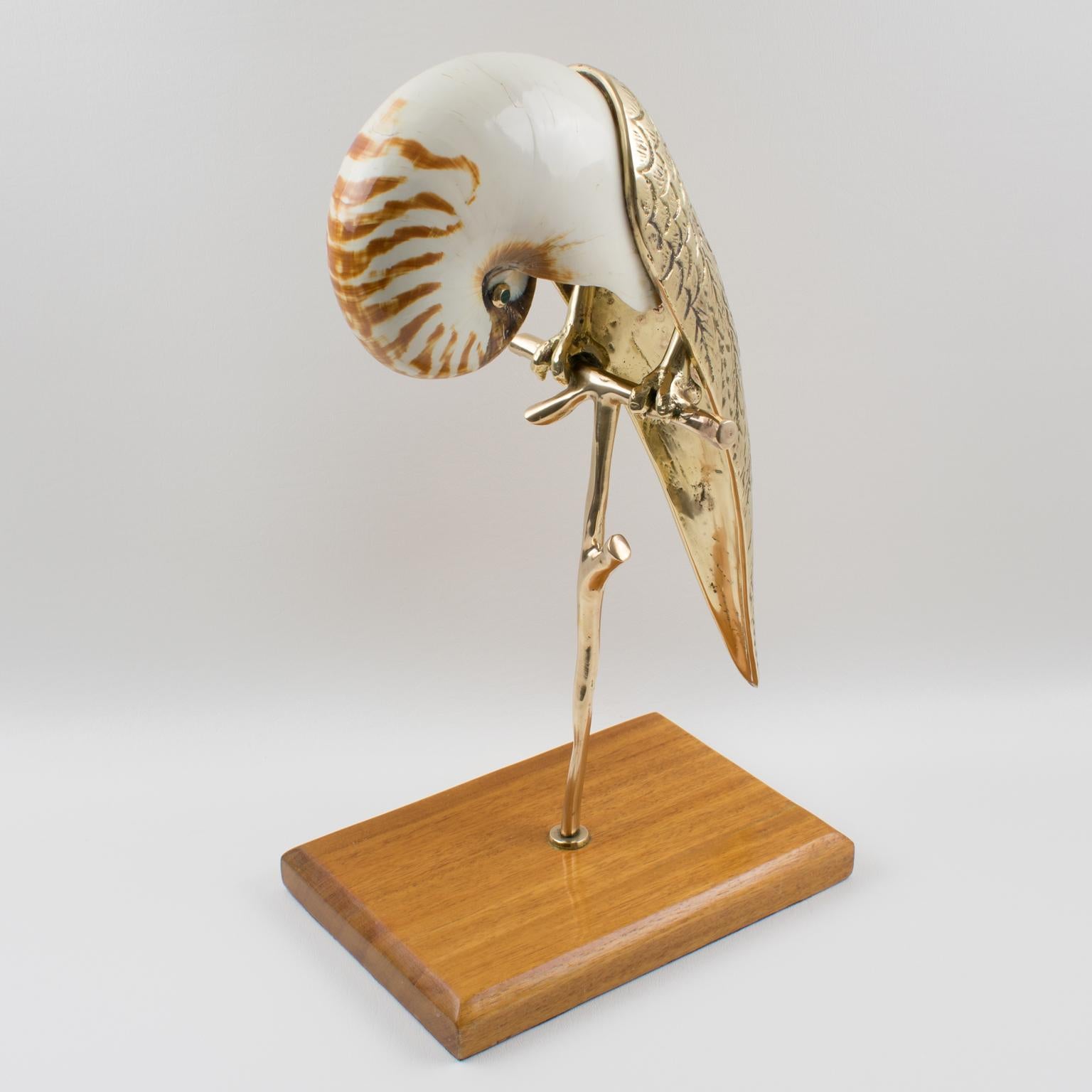American Maitland-Smith Brass and Sea Shell Parrot Bird Sculpture