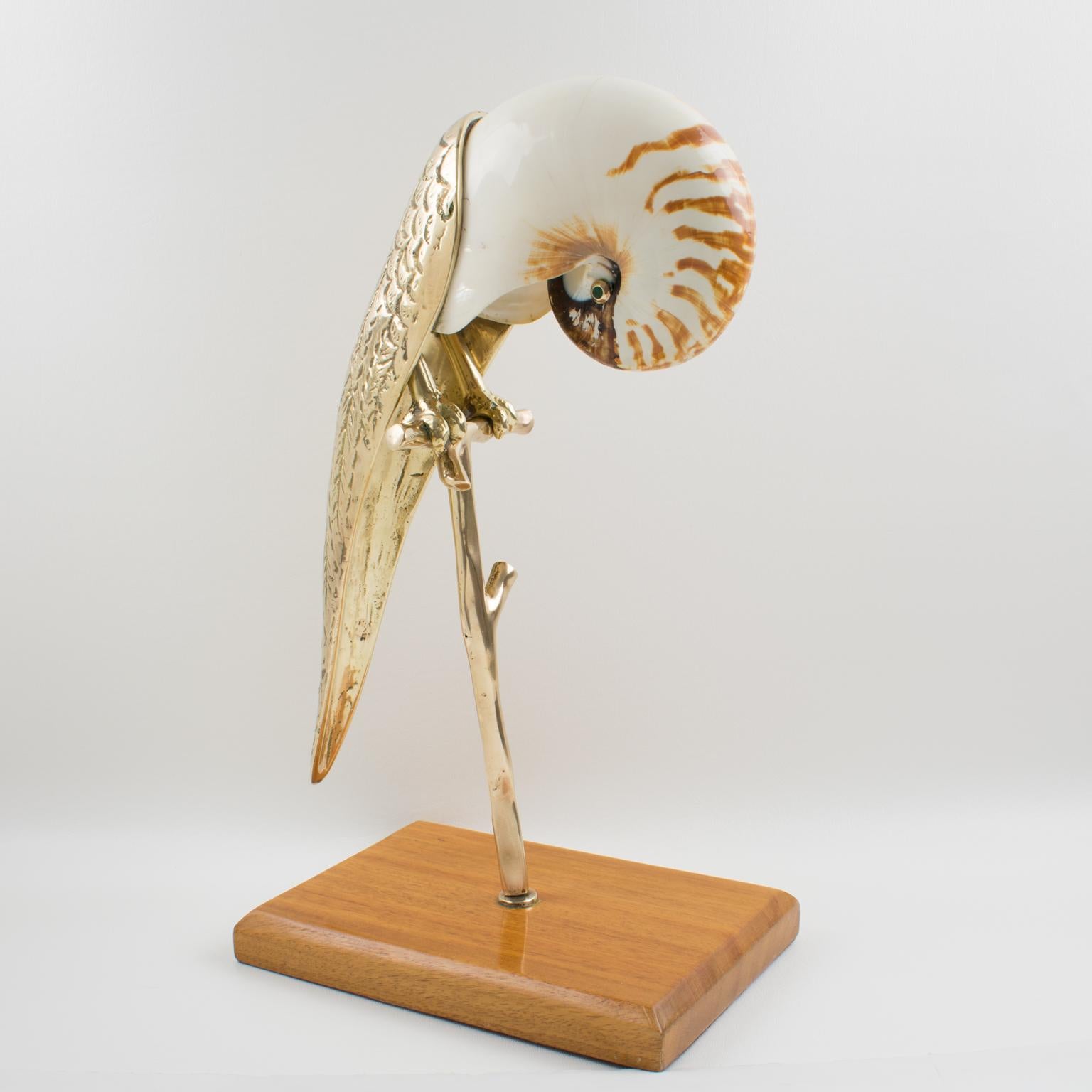 Maitland-Smith Brass and Sea Shell Parrot Bird Sculpture In Excellent Condition In Atlanta, GA