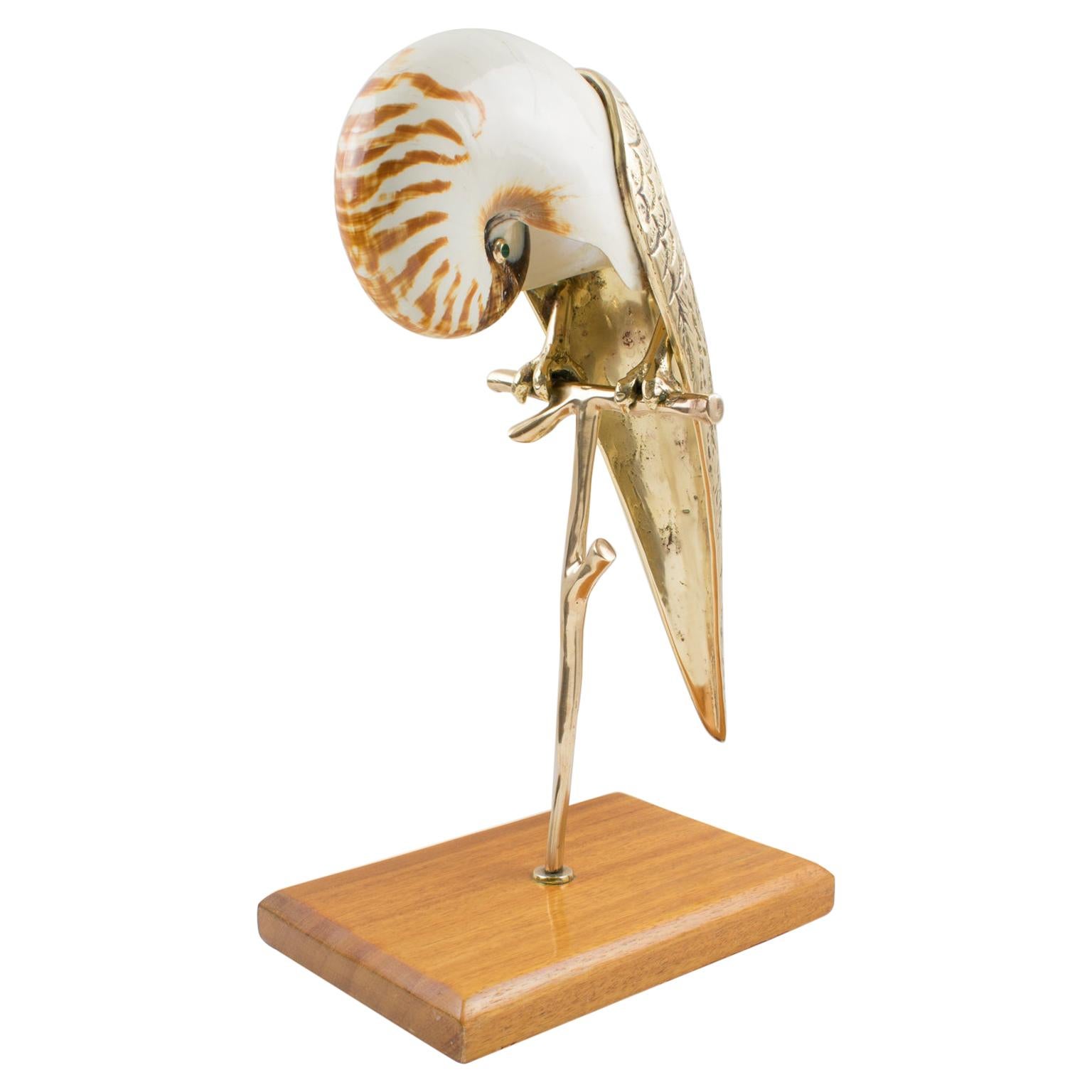 Maitland-Smith Brass and Sea Shell Parrot Bird Sculpture