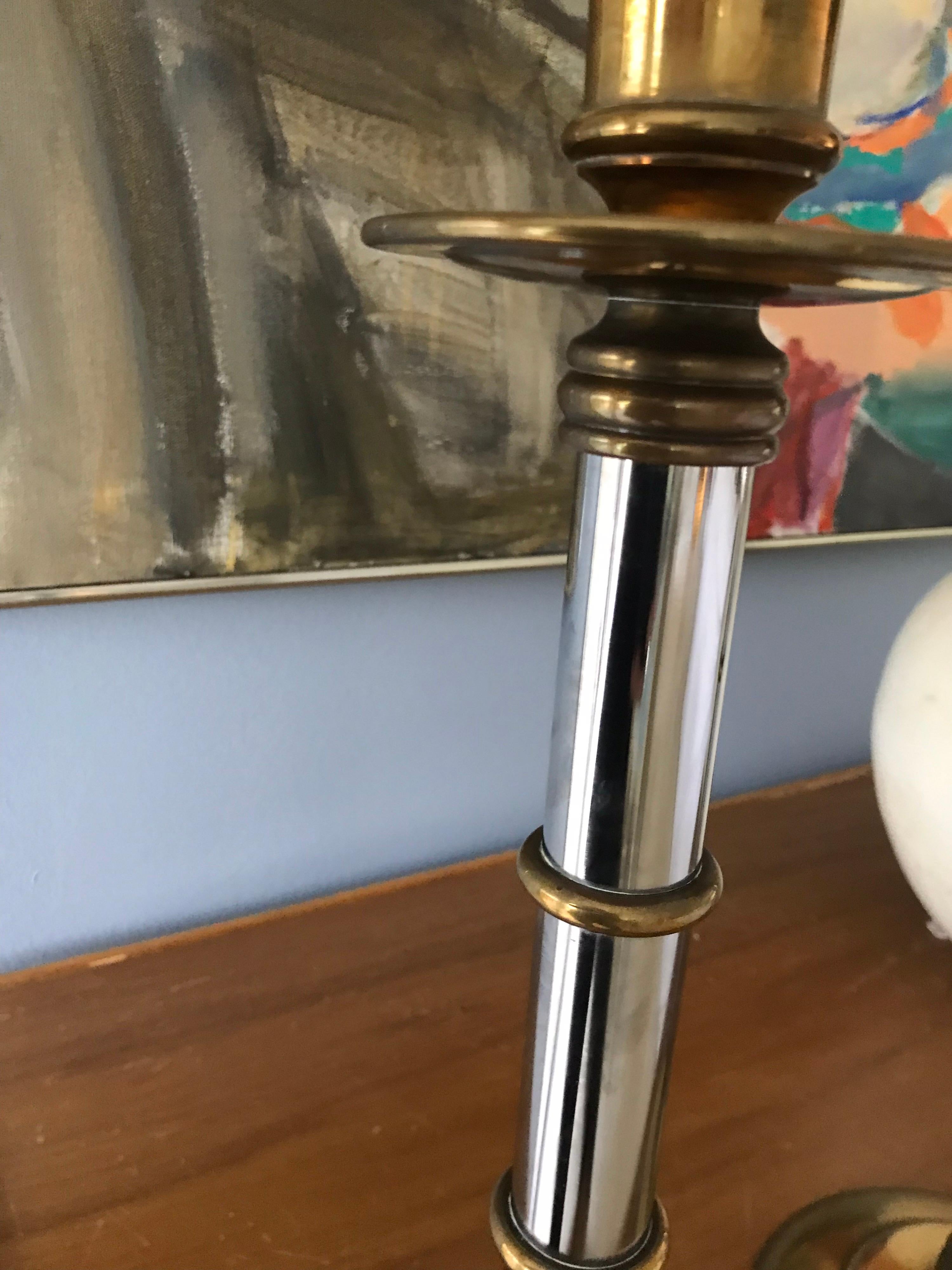 Maitland Smith Brass and Silver Tall Candlesticks In Good Condition In Chicago, IL