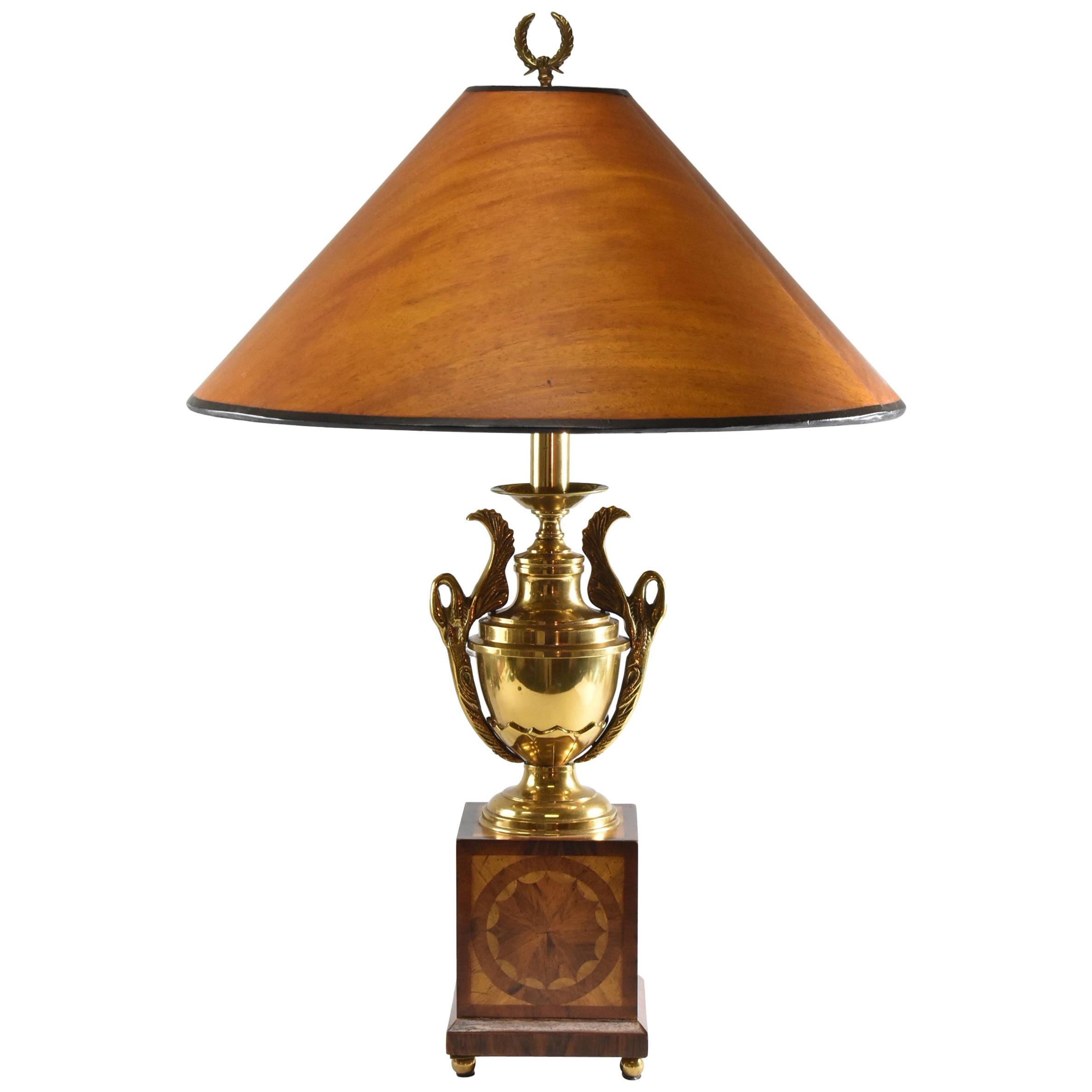 Maitland Smith Brass Urn Inlay Wood Table Lamp with Swan