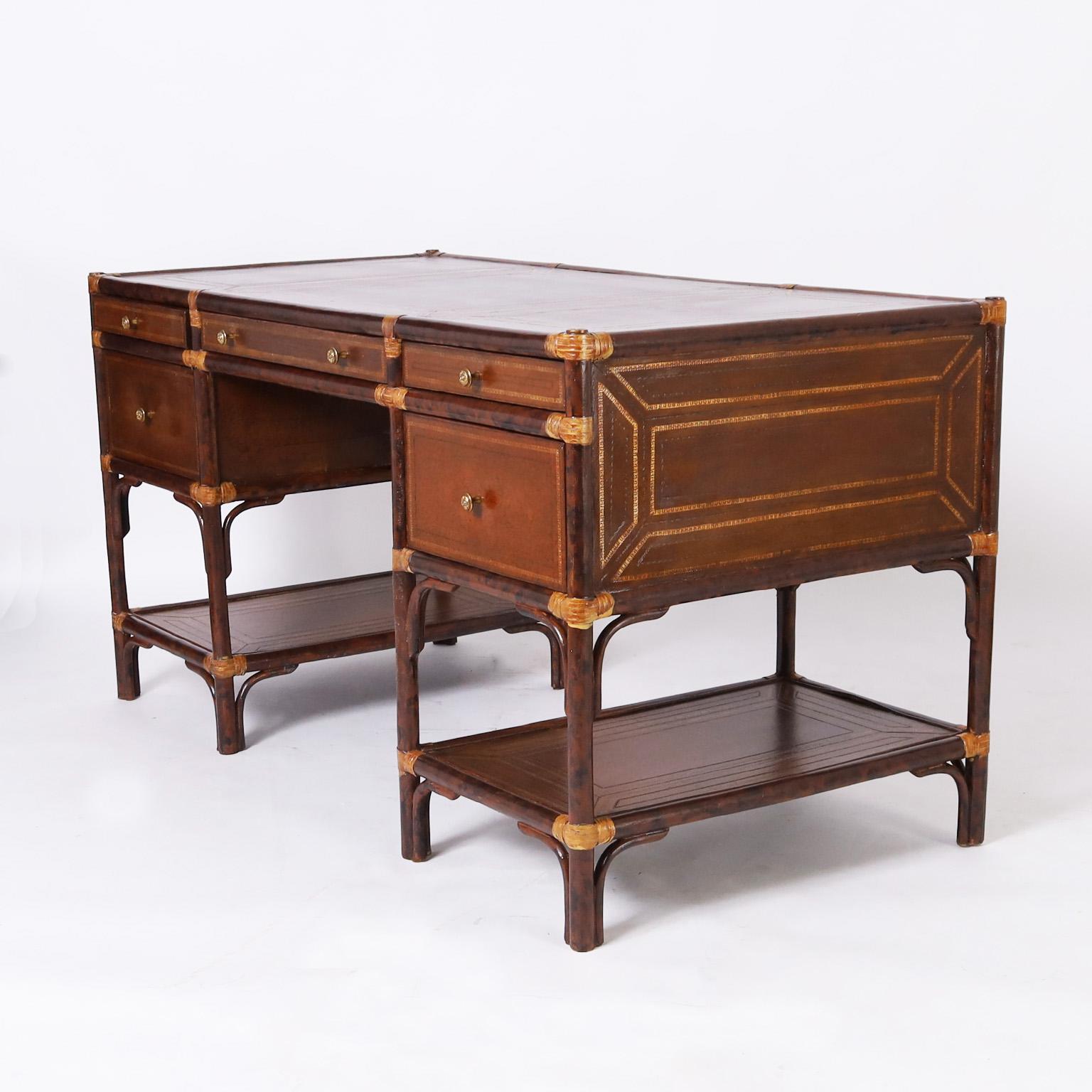 Philippine Maitland-Smith British Colonial Style Faux Bamboo and Leather Desk
