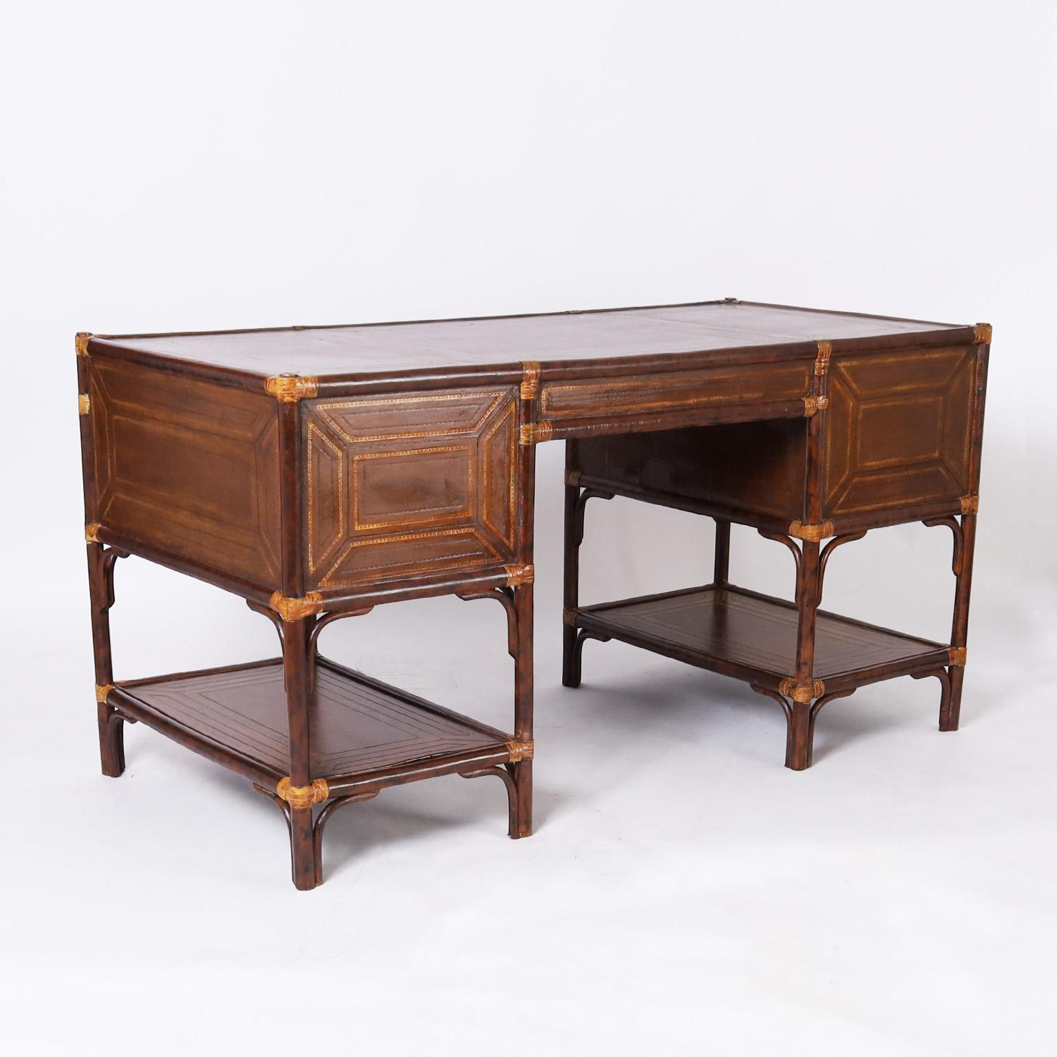 Hand-Crafted Maitland-Smith British Colonial Style Faux Bamboo and Leather Desk