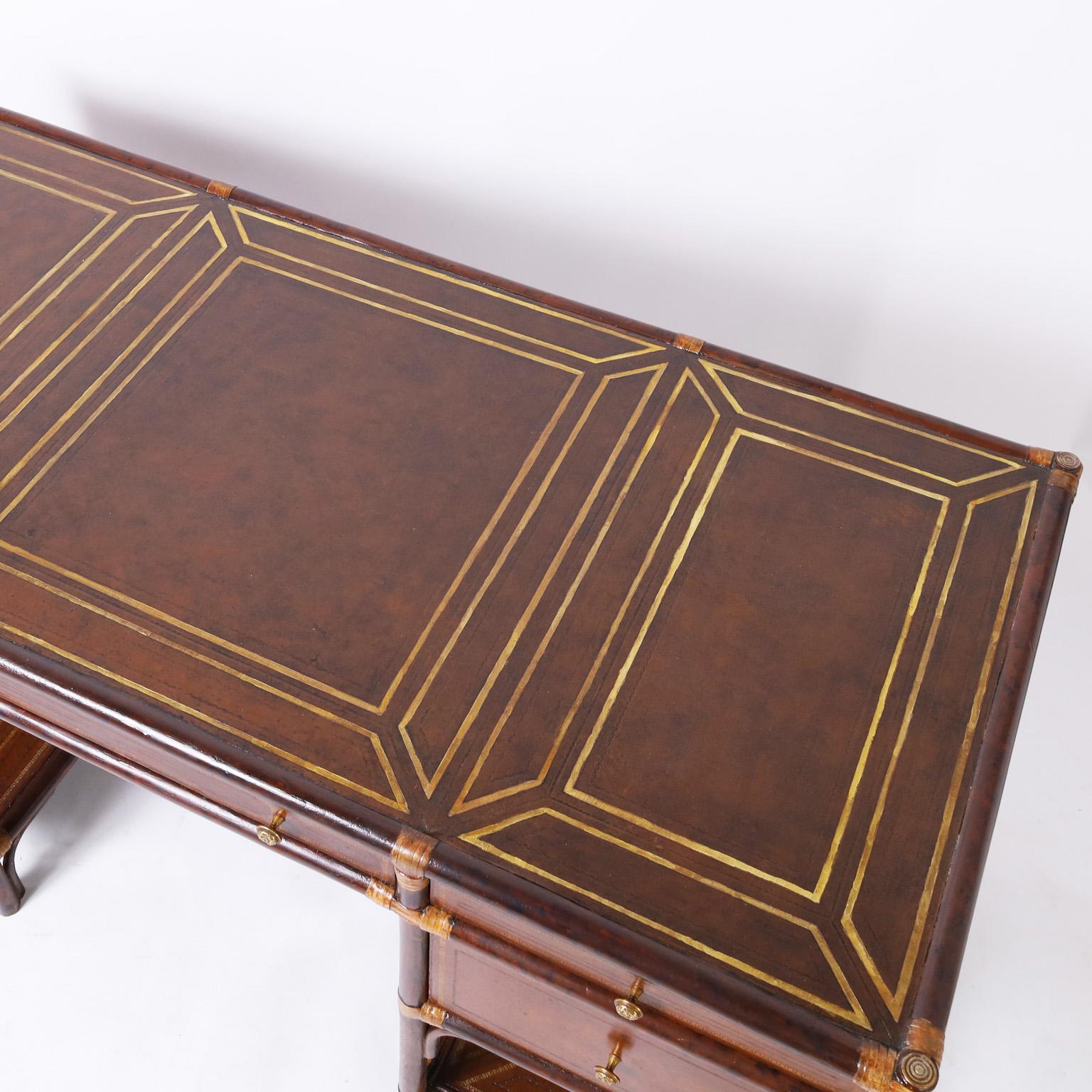 Maitland-Smith British Colonial Style Faux Bamboo and Leather Desk In Good Condition In Palm Beach, FL