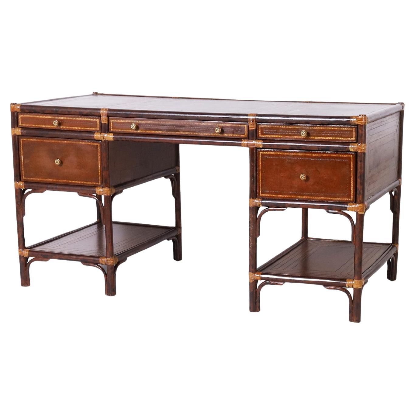 Maitland-Smith British Colonial Style Faux Bamboo and Leather Desk