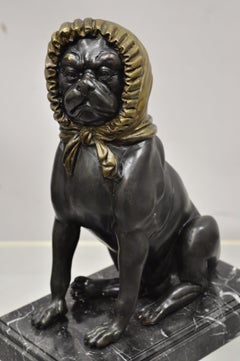 Maitland Smith Bronze Pug Dog with Bonnet Sculpture Statue on Marble Base