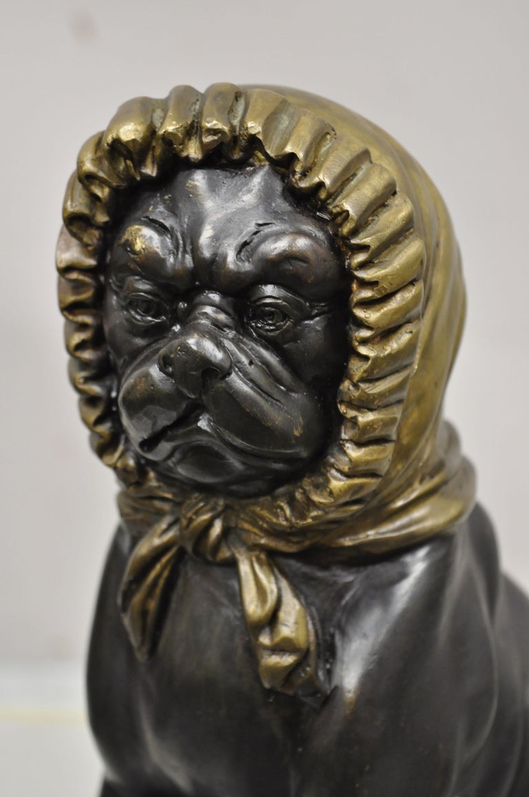 Victorian Maitland Smith Bronze Pug Dog with Bonnet Sculpture Statue on Marble Base For Sale