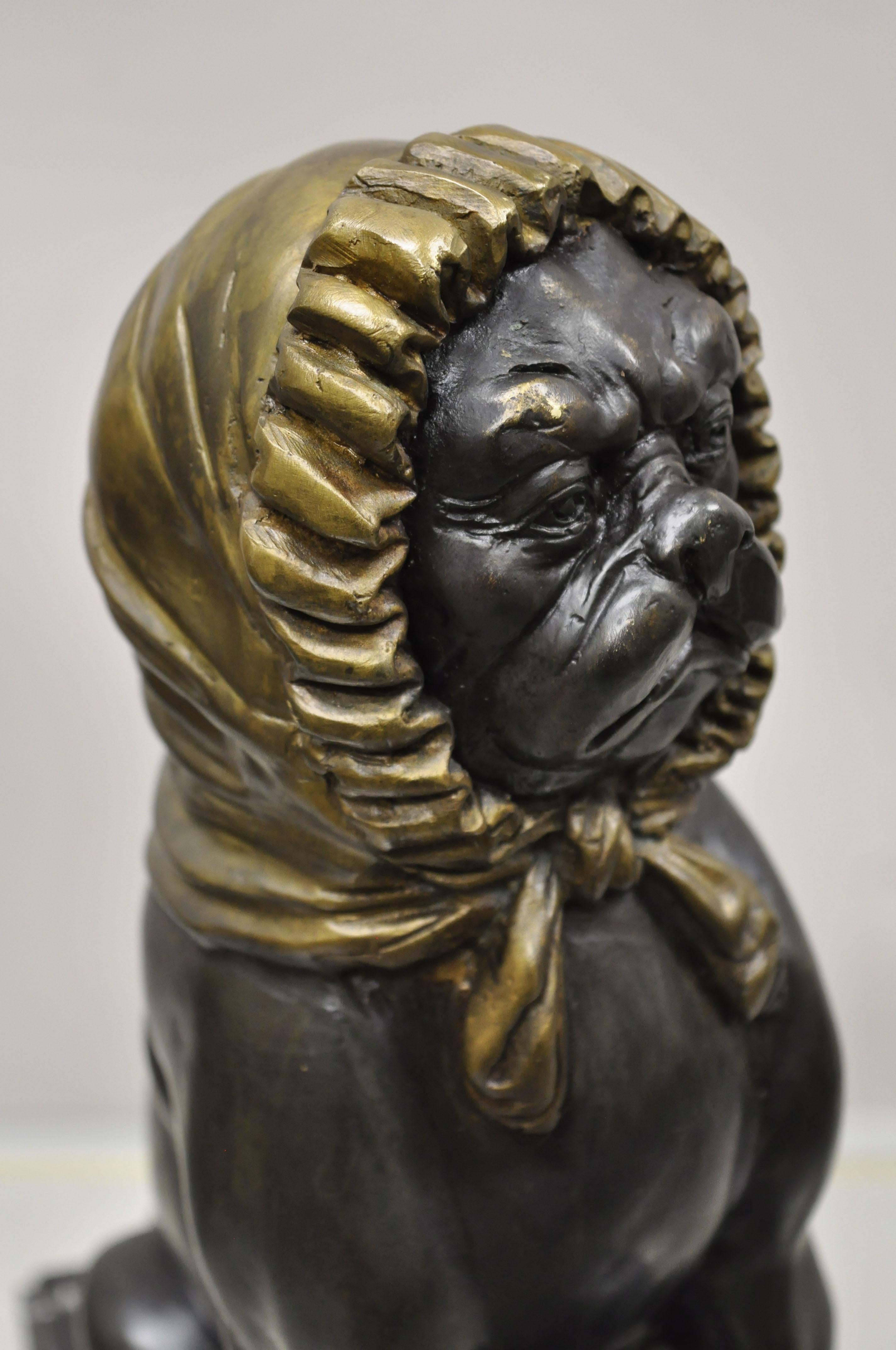 Thai Maitland Smith Bronze Pug Dog with Bonnet Sculpture Statue on Marble Base