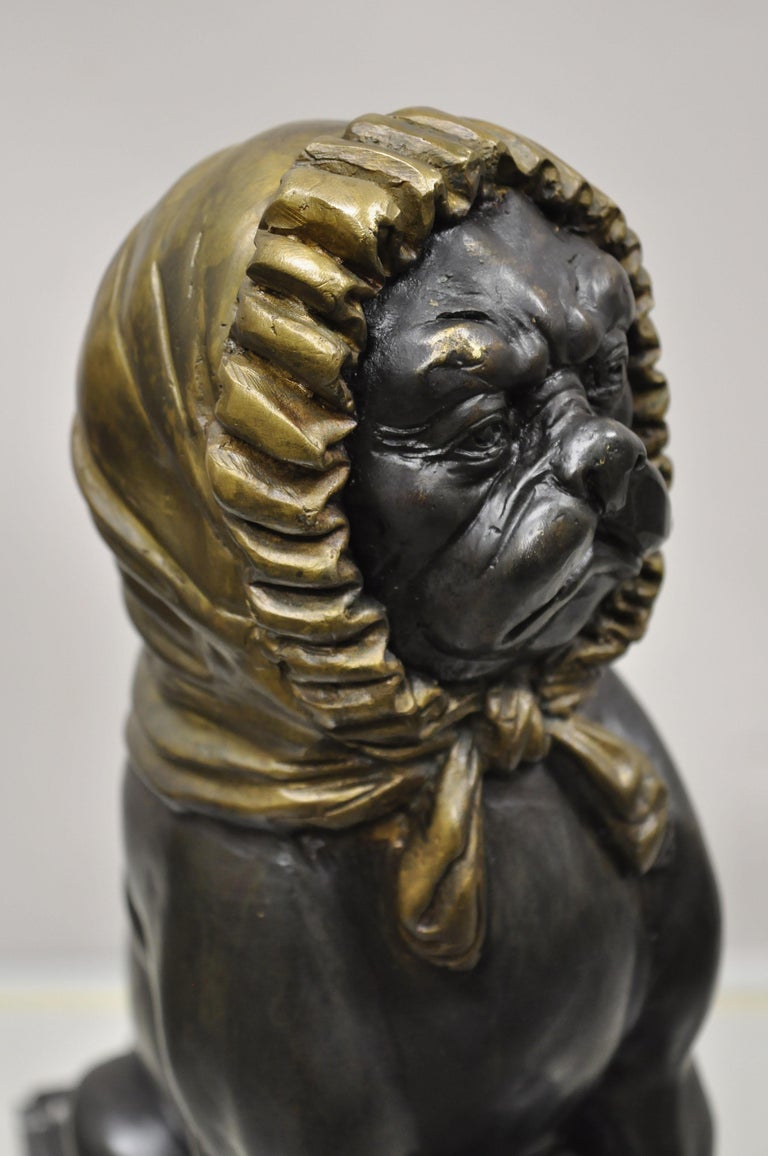 Maitland Smith Bronze Pug Dog with Bonnet Sculpture Statue on Marble Base In Good Condition For Sale In Philadelphia, PA