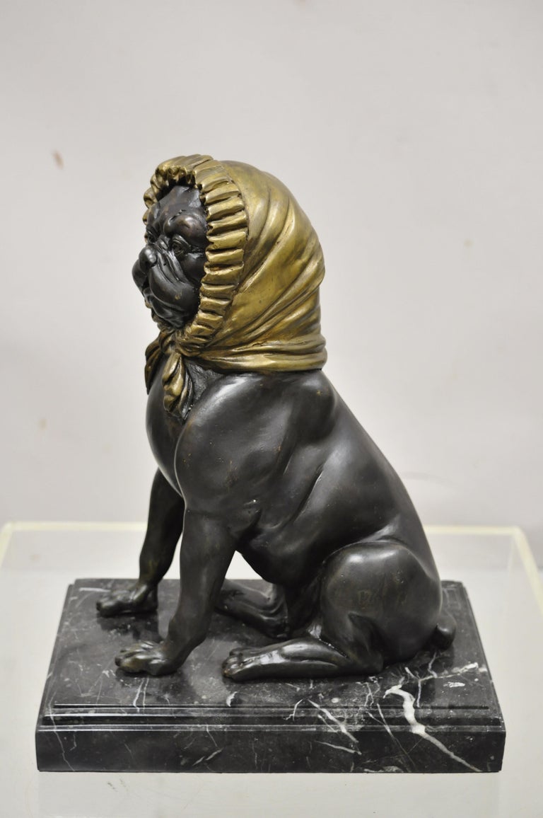 Contemporary Maitland Smith Bronze Pug Dog with Bonnet Sculpture Statue on Marble Base For Sale