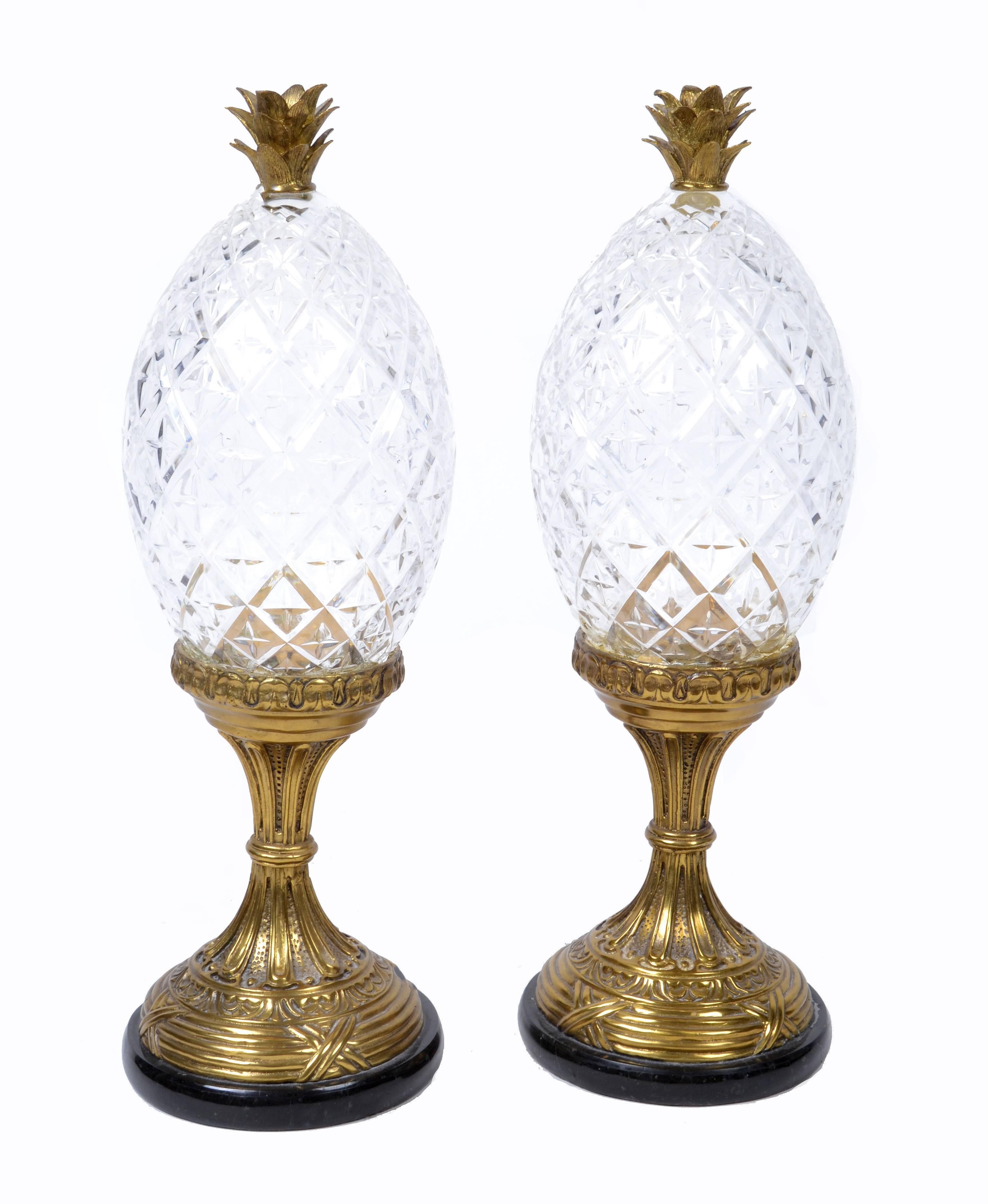 Mid-20th Century Pair Maitland-Smith Neoclassical Bronze and Crystal Pineapple Ornaments Germany For Sale