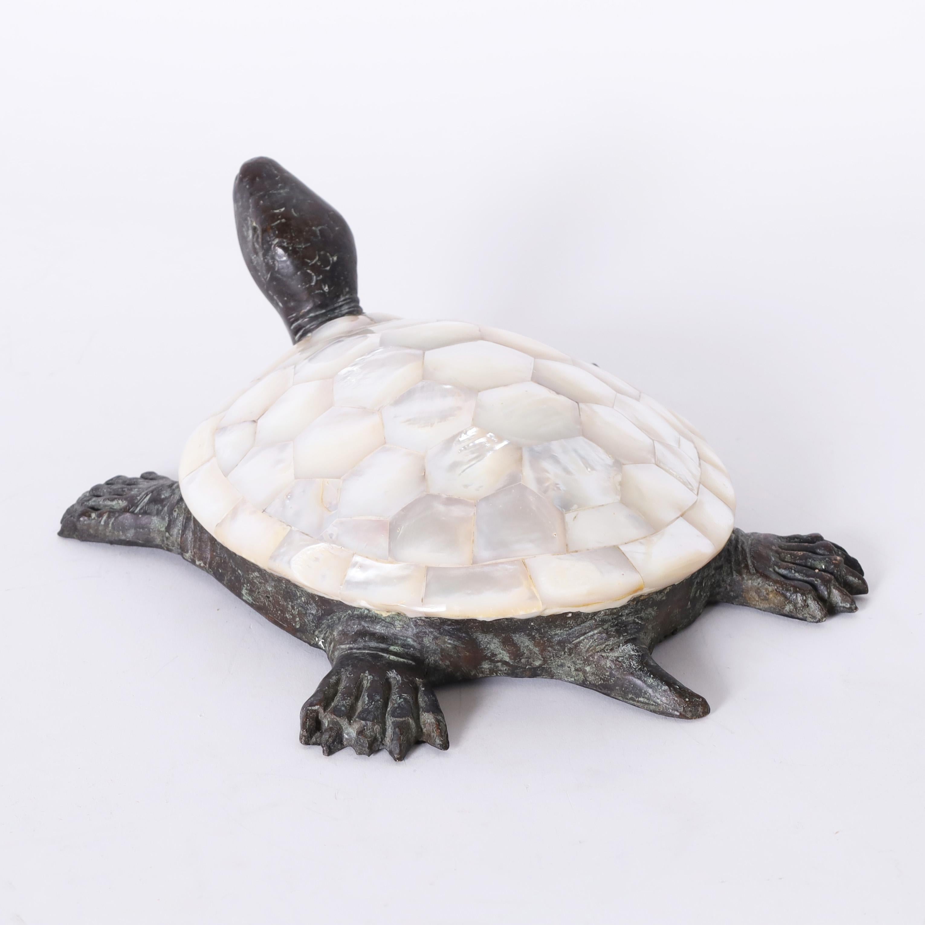 Mid-Century Modern Maitland-Smith Bronze and Mother of Pearl Turtle Sculpture For Sale