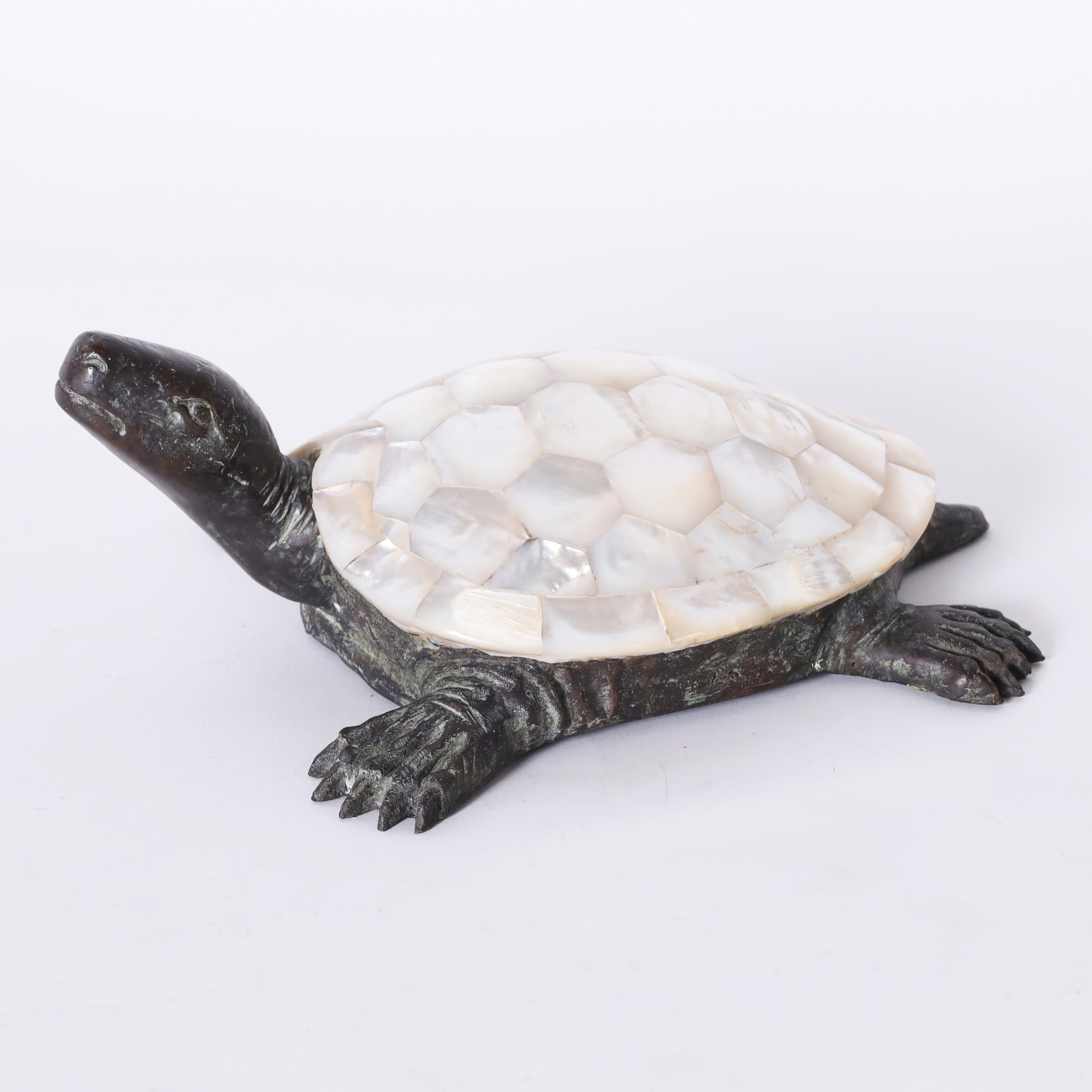 Philippine Maitland-Smith Bronze and Mother of Pearl Turtle Sculpture For Sale